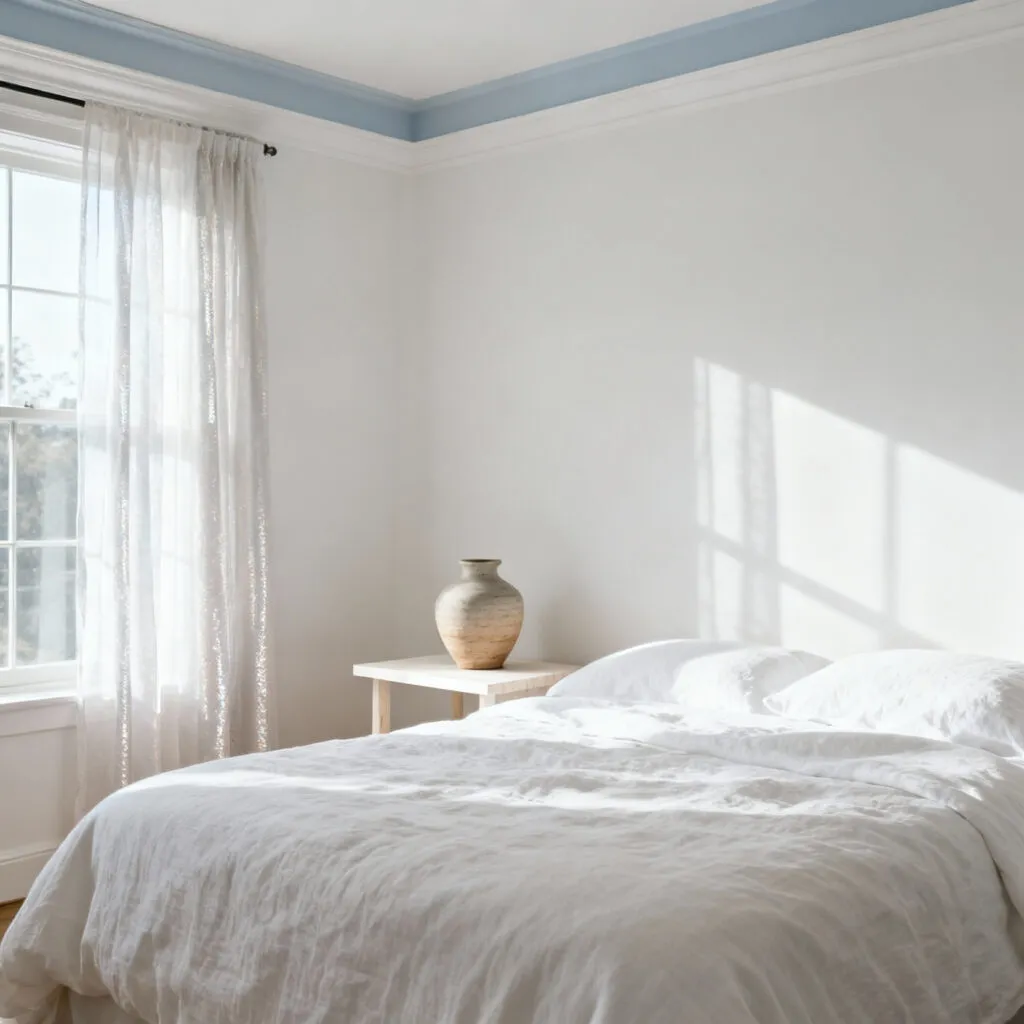 A sophisticated bedroom interior in shades of white, showcasing how various white hues and textures – from warm-toned walls to cool linen and ceramic – interplay under soft natural light, creating a psychologically resonant and serene ambiance.