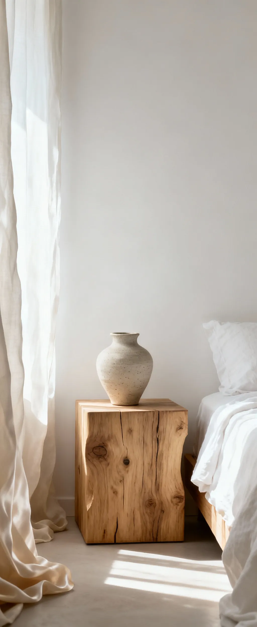 White bedroom featuring a bleached oak nightstand, a hand-thrown ceramic vase, and raw silk drapes, showcasing organic irregularities and natural textures under soft daylight.