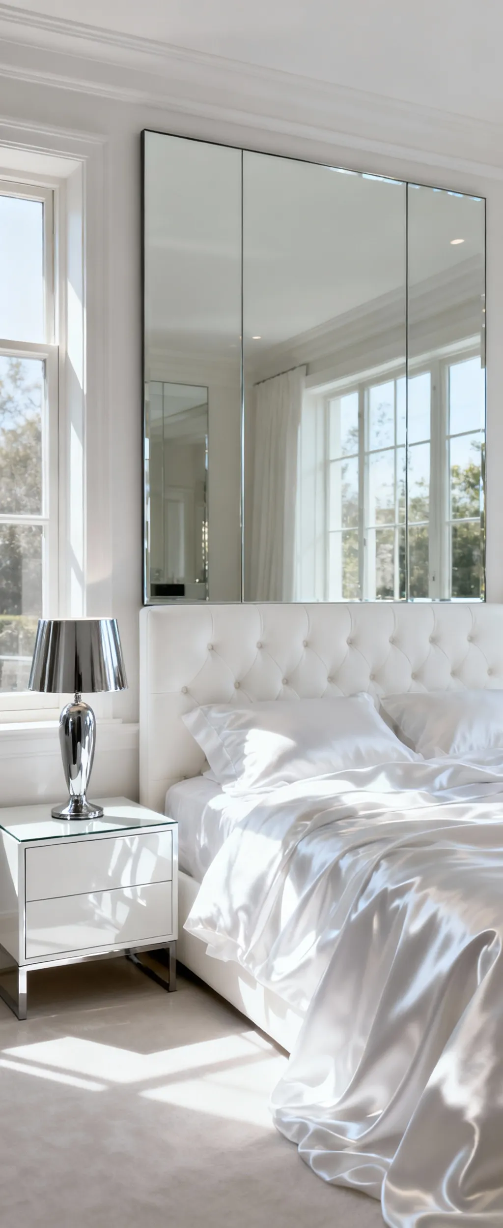 Luxurious white bedroom featuring a floor-to-ceiling mirror behind a tufted headboard, a high-gloss bedside table, and silk bedding, all reflecting natural light to visually expand the room's perceived volume.