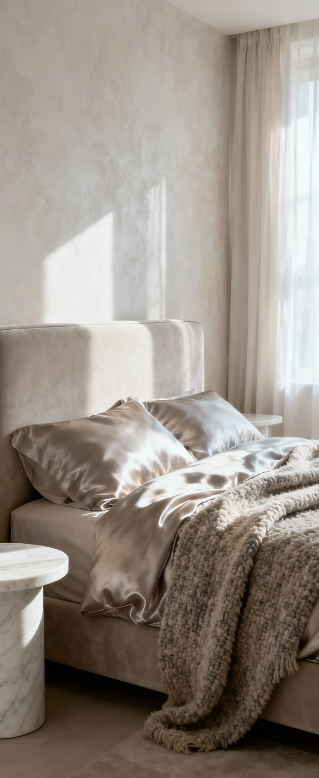 A serene white bedroom showcasing near-white stratification with layered textures including matte linen, lustrous silk, honed marble, and soft bouclé, creating depth and warmth under soft ambient lighting.