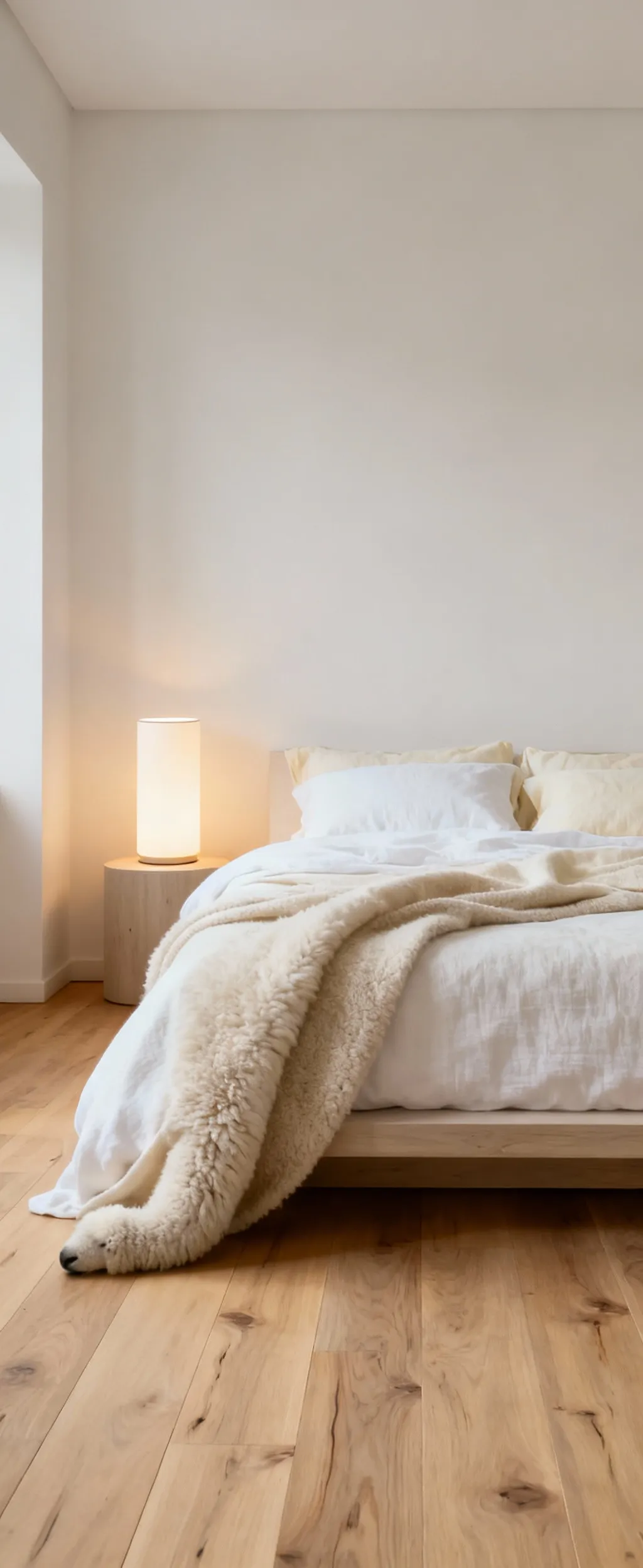 Minimalist Nordic Zen white bedroom with soft grain oak wood floor, layered white organic cotton and linen bedding, and a soft alpaca wool throw, bathed in warm, diffused light.