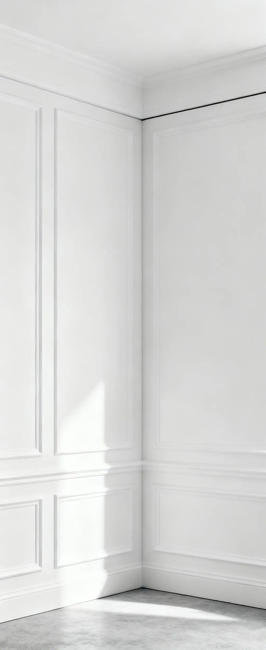 Close-up of perfectly joined white architectural wall panels in a minimalist bedroom, demonstrating seamless integration and elegant Articulated Joinery under soft, ambient light.