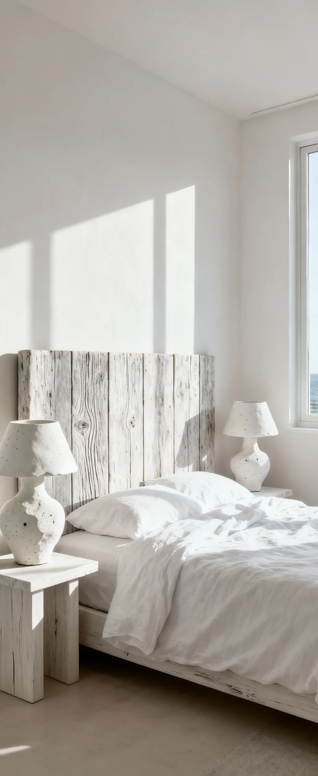 White bedroom featuring a weathered timber headboard and organic white ceramic table lamps, showcasing coastal modern serenity.