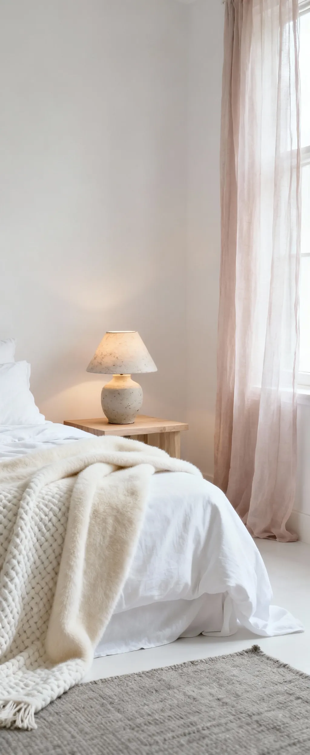 White bedroom with layered textures and subtle ephemeral tints, showing a luxurious bed with varied white linens and a light oak bedside table. Elegant and serene.