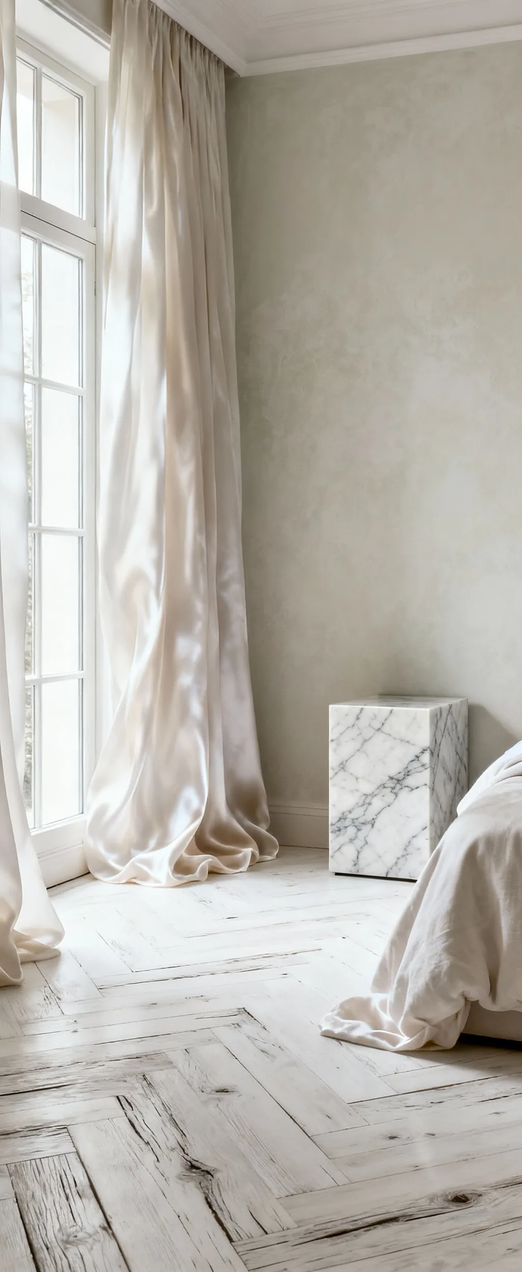 Sophisticated white bedroom with white-washed reclaimed oak flooring, raw silk drapes, limewash walls, and a honed Carrera marble nightstand, showcasing durable material selections and a rich textural palette for perceptual resilience.