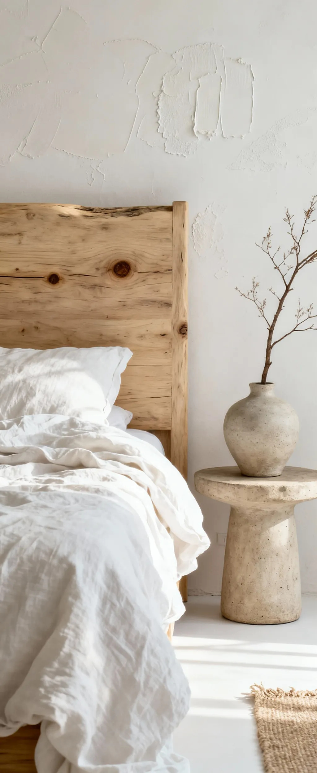 Wabi-sabi white bedroom with raw oak headboard, linen bedding, ceramic vase, and micro-cement walls, showcasing natural textures and intentional imperfections.