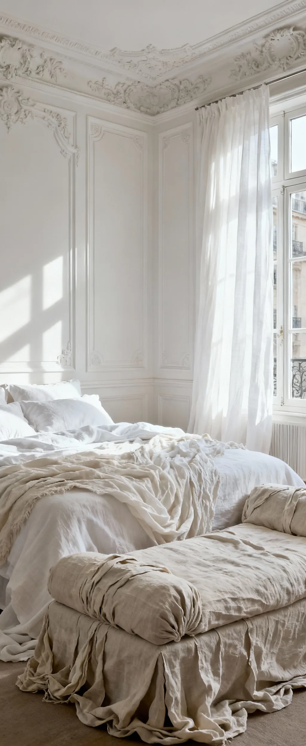 Luxurious white Parisian bedroom featuring ornate boiserie walls, plaster moldings, and layered pristine linen bedding and drapes in soft, natural light.