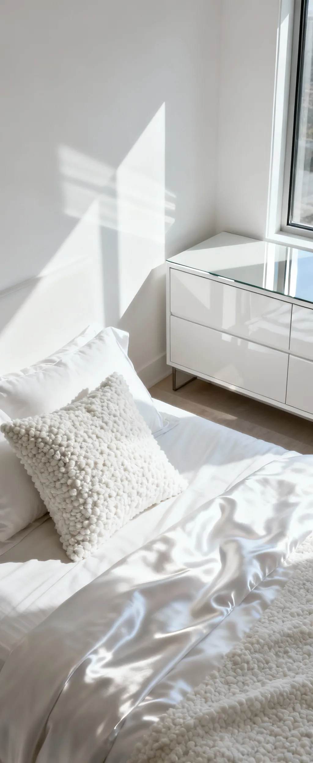 A modern white bedroom showcasing varied material finishes like matte walls, glossy furniture, and textured textiles, creating perceived spatial depth and dynamic light play.