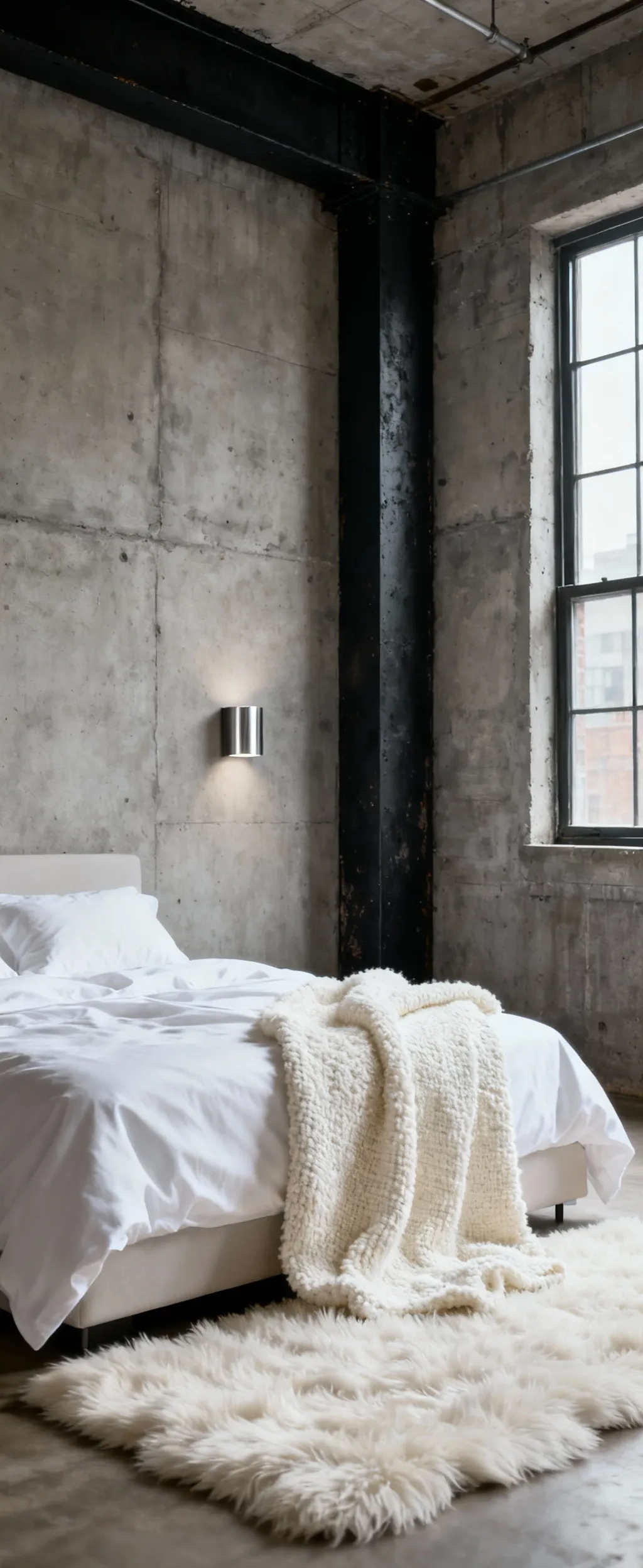 Portrait view of an industrial white bedroom featuring a raw concrete wall, exposed steel beam, and a bed draped in velvety white bouclé fabrics and cotton sateen, with a brushed aluminum sconce.