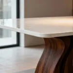 Modern dining table with a walnut base and UHPC top, showcasing ergonomic design and sophisticated material juxtaposition in a minimalist setting. Focus on experiential design.