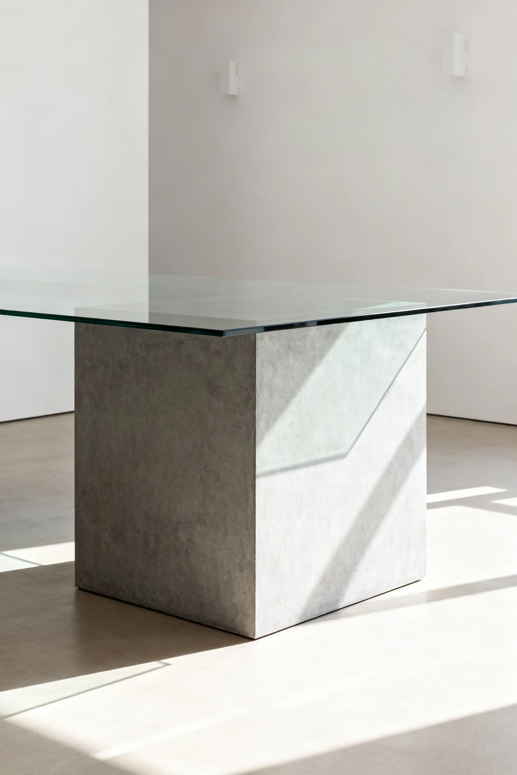 Contemporary dining table with a monolithic concrete base and glass top in a minimalist dining room, illustrating table mass engaging with spatial volume.