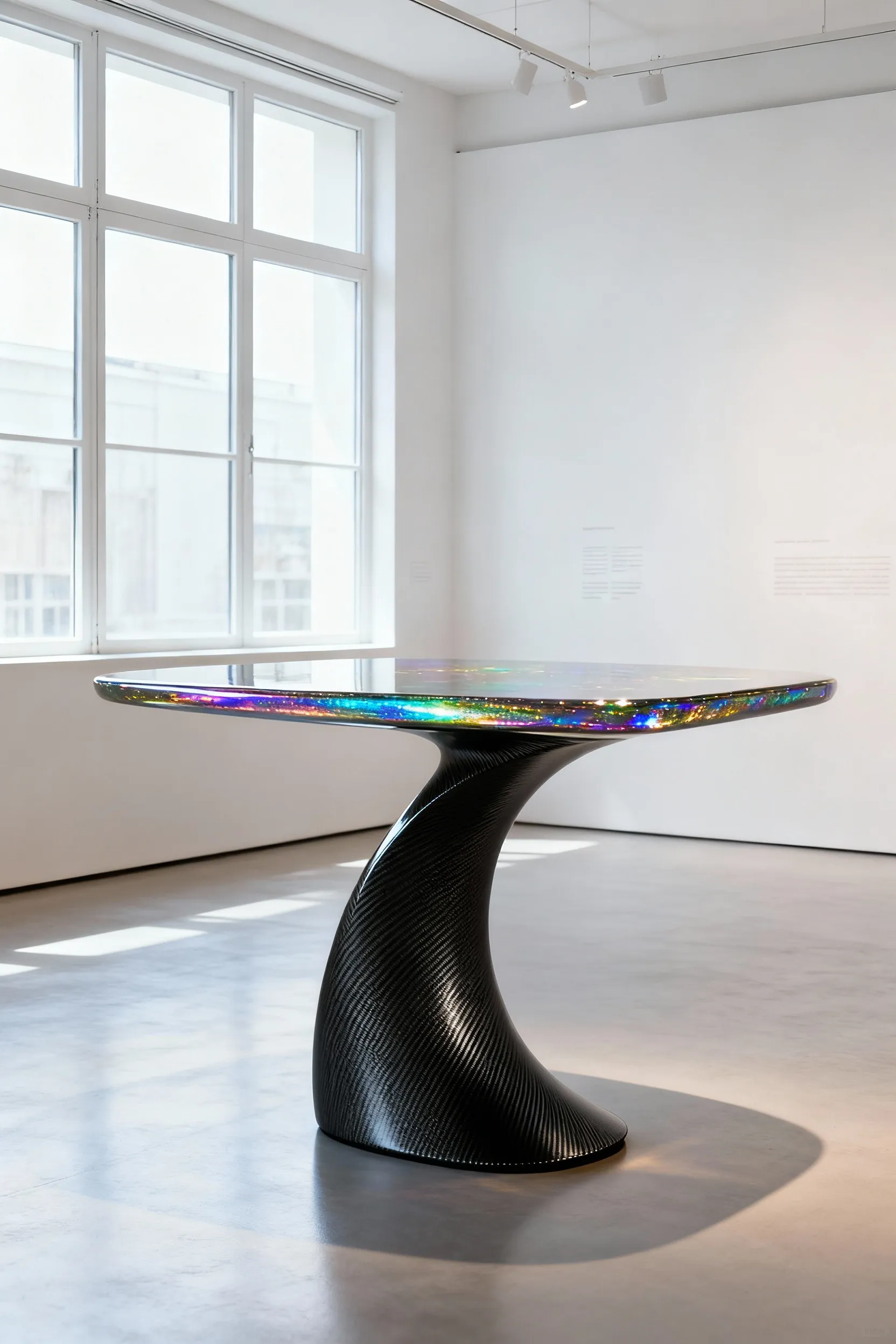 Futuristic dining table with historical influences, sleek composite top and carbon fiber base in a minimalist setting.