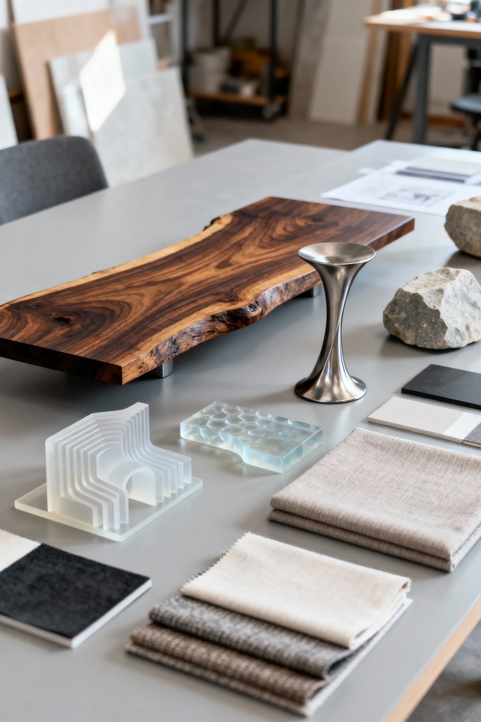 A studio shot showcasing various elements of bespoke dining table design, including unique wood samples, metal prototypes, composite materials, and design models, representing the iterative creation process.