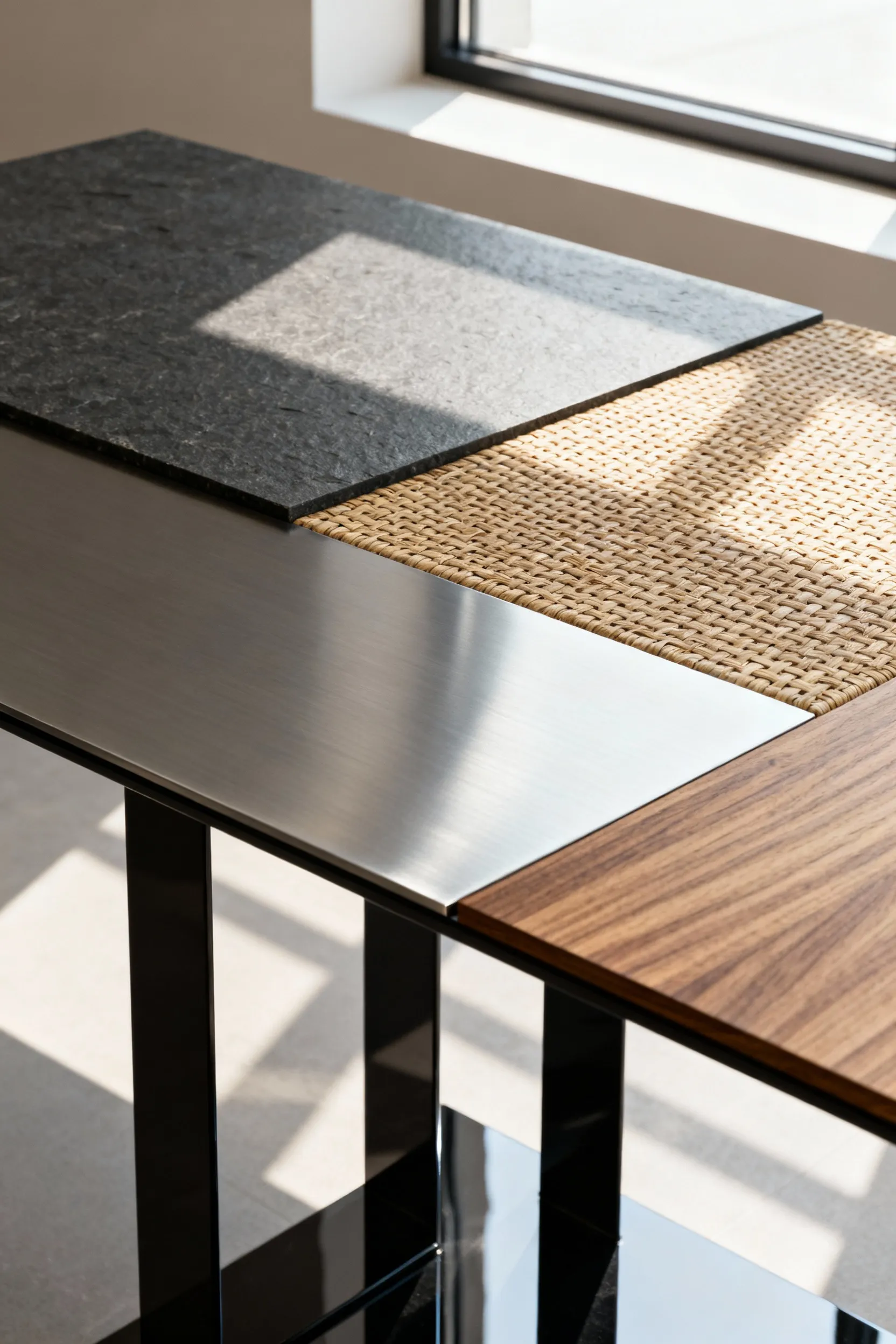 Contemporary dining table showcasing innovative surface tactility with integrated sections of dark honed stone, brushed aluminum composite, and woven wood veneer, professionally photographed in a minimalist setting with natural light.