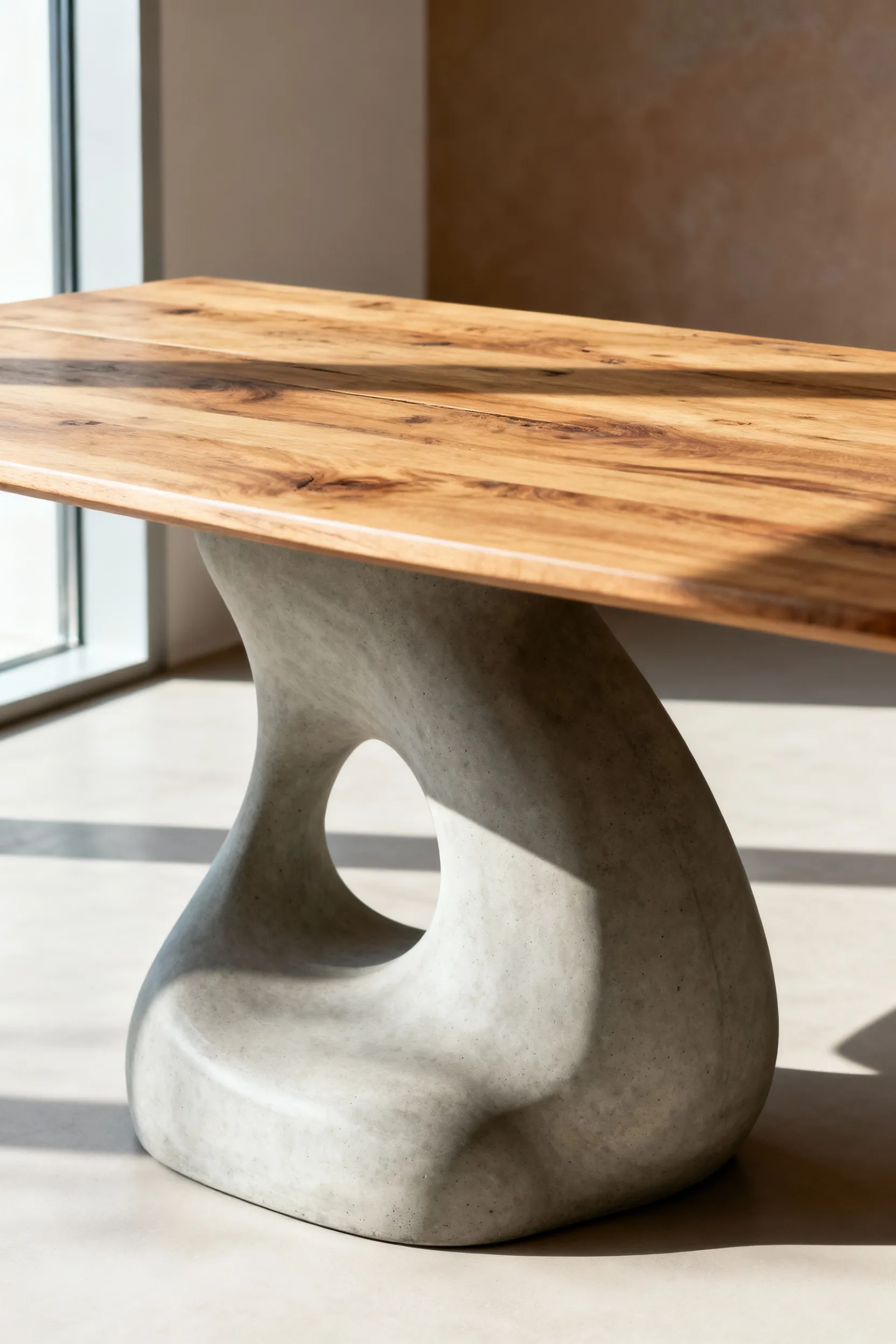 Contemporary dining table with a sculptural concrete base and a reclaimed oak top, designed for post-modern ergonomics and human-centric interaction, under soft natural light.