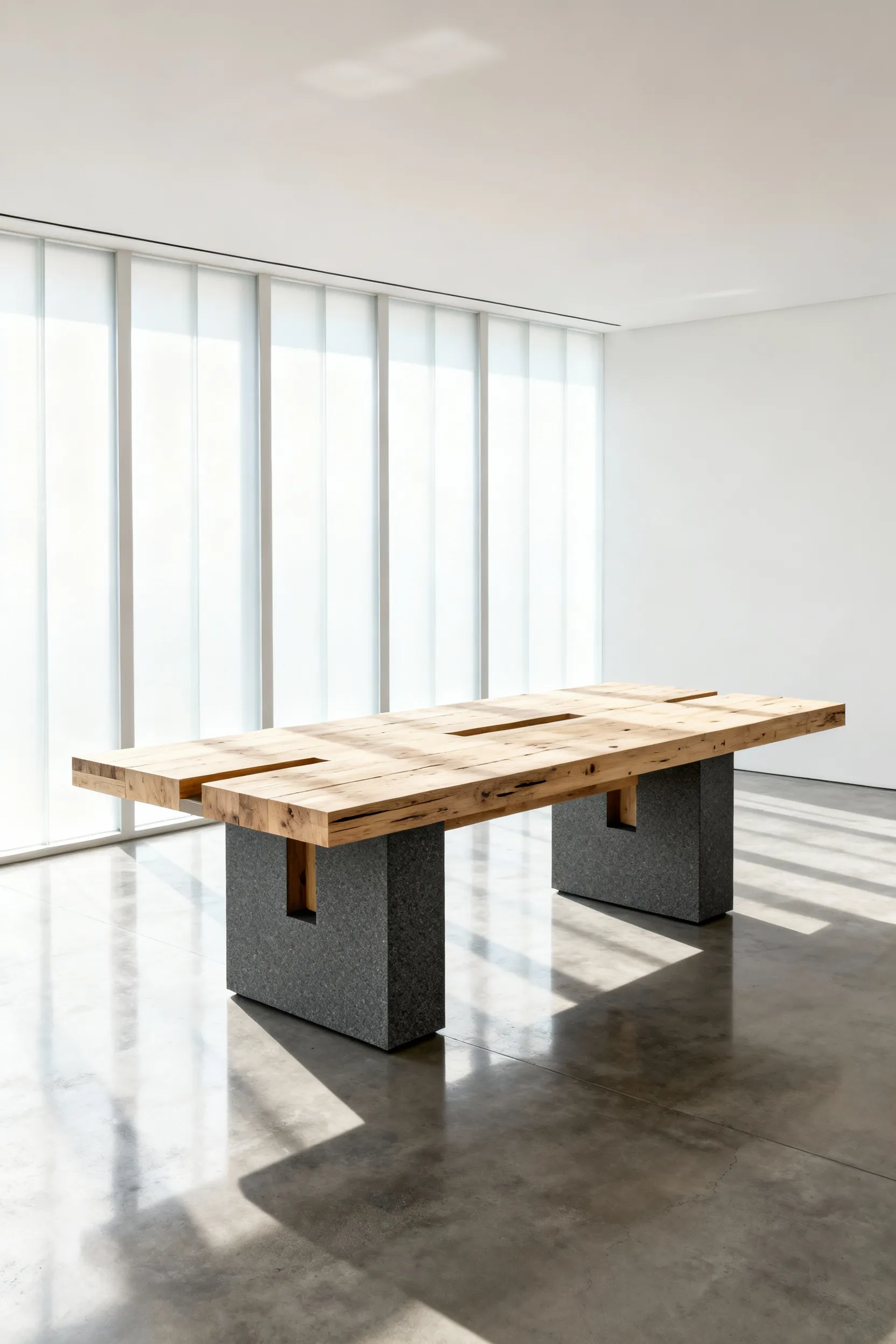 A modern modular dining table featuring light timber and dark grey sintered stone, poised in a contemporary minimalist interior, highlighting its design for adaptable functionality.