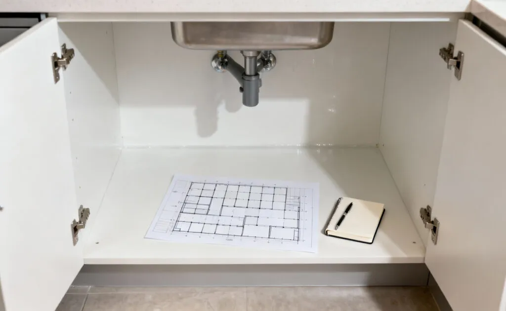 A meticulously clean, empty under-sink kitchen cabinet with a conceptual spatial grid drawing and a notebook, representing the crucial initial steps of a complete decluttering purge and inventory for kitchen organization.