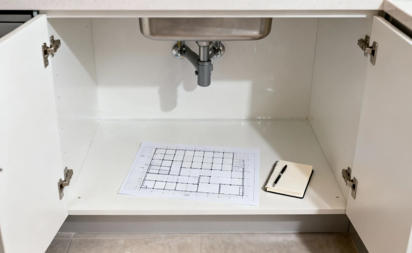 A meticulously clean, empty under-sink kitchen cabinet with a conceptual spatial grid drawing and a notebook, representing the crucial initial steps of a complete decluttering purge and inventory for kitchen organization.