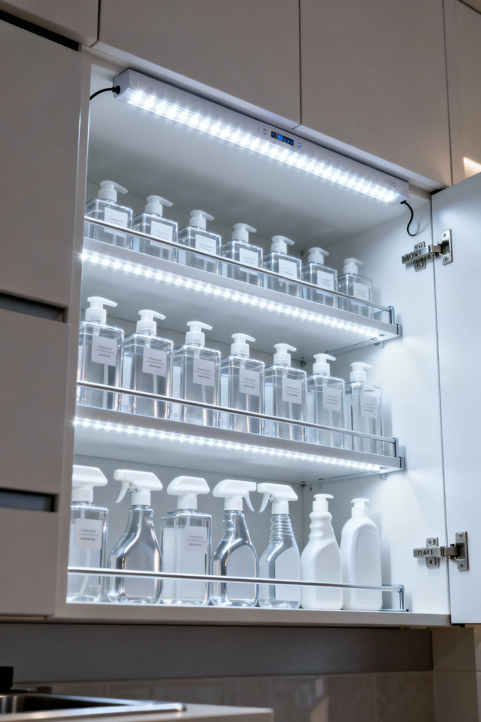 Under-sink cabinet interior with bright motion-sensor LED strip lights illuminating neatly organized cleaning supplies and plumbing, showcasing enhanced visibility.