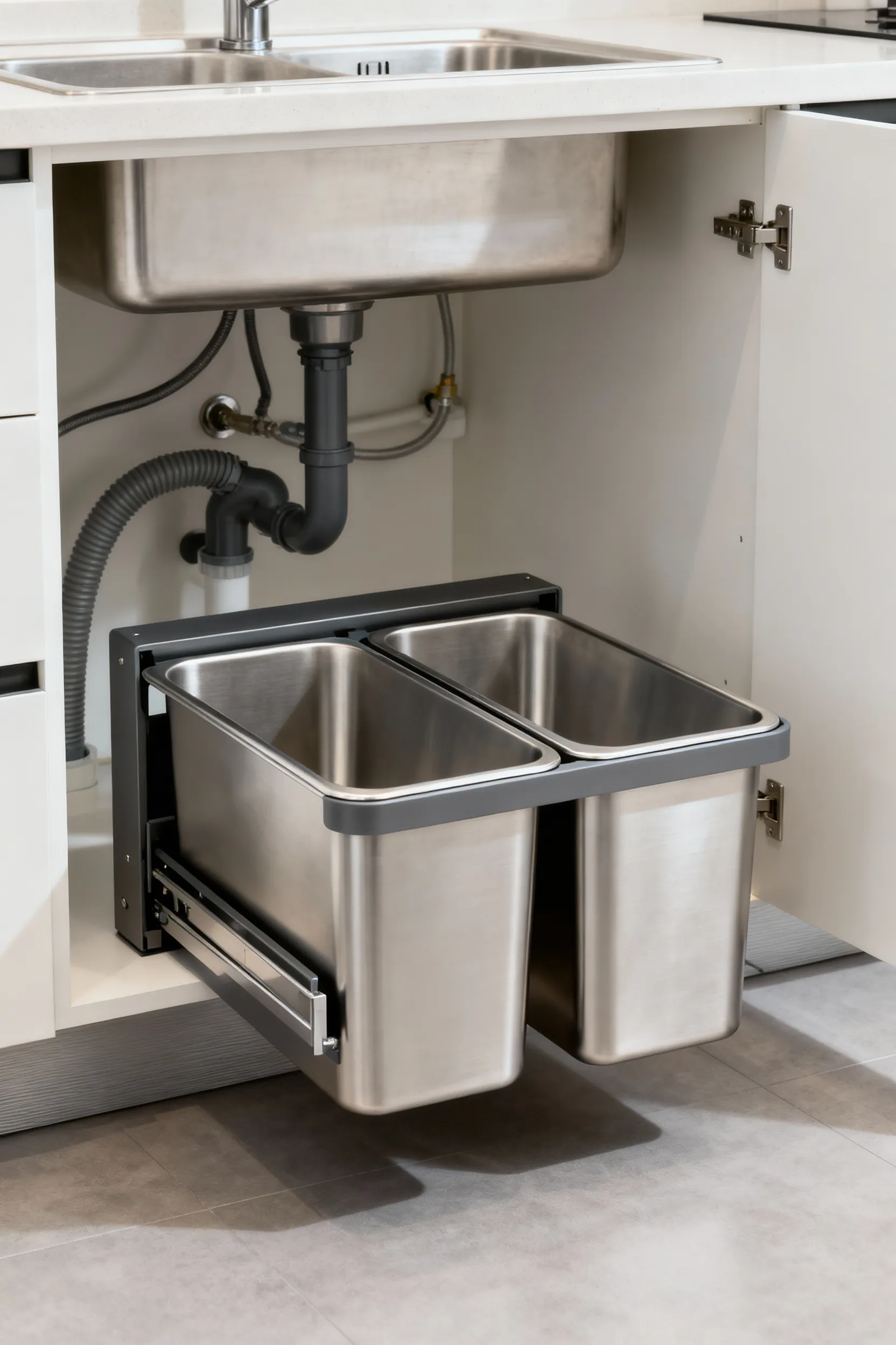 Under-sink cabinet with systematic kitchen waste sorting protocol, featuring a pull-out system with divided bins made of stainless steel for recycling and general trash, showcasing an organized interior.