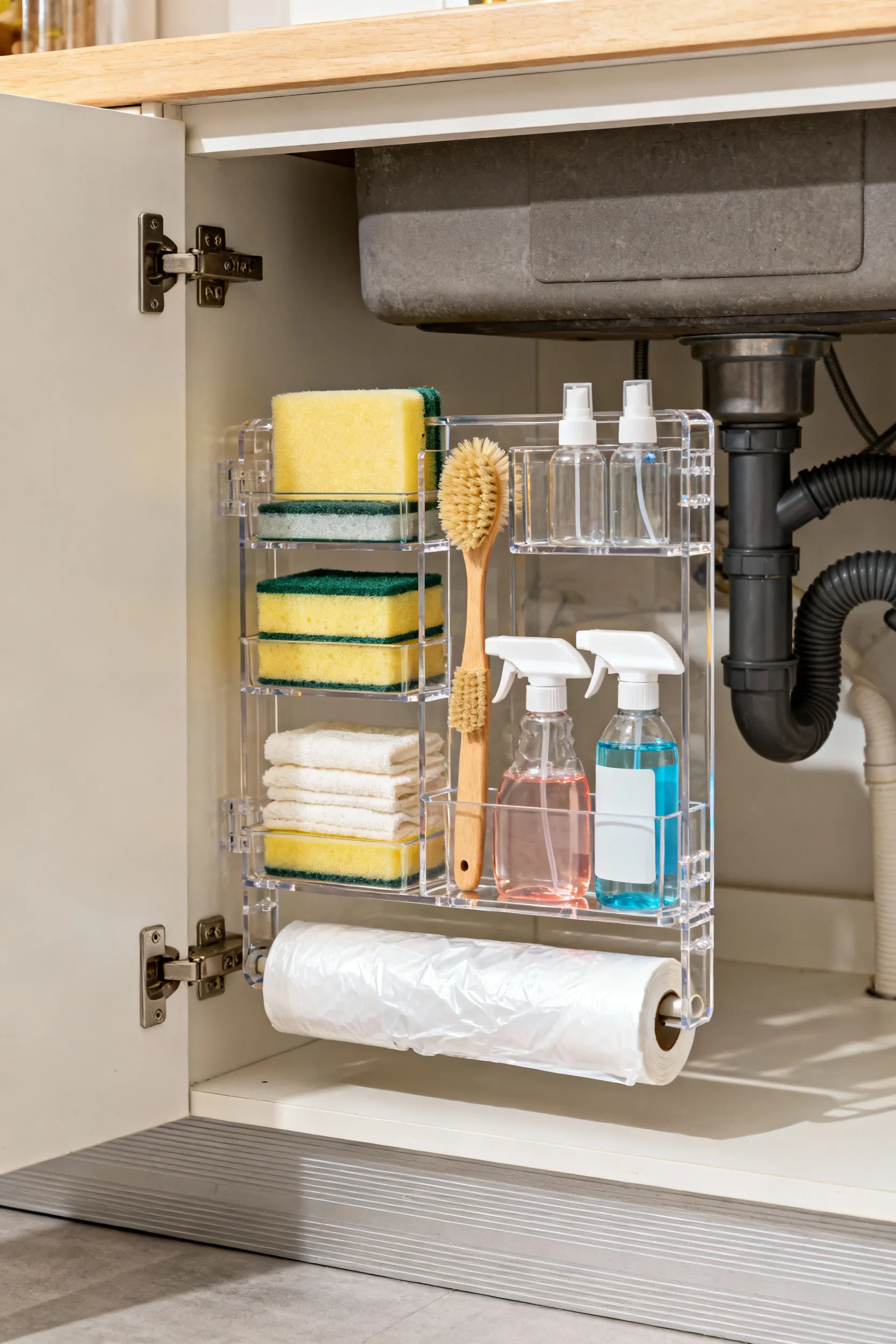 An open under-sink kitchen cabinet revealing a clear acrylic over-door organizer holding sponges, spray bottles, and a trash bag roll, demonstrating maximized vertical storage.