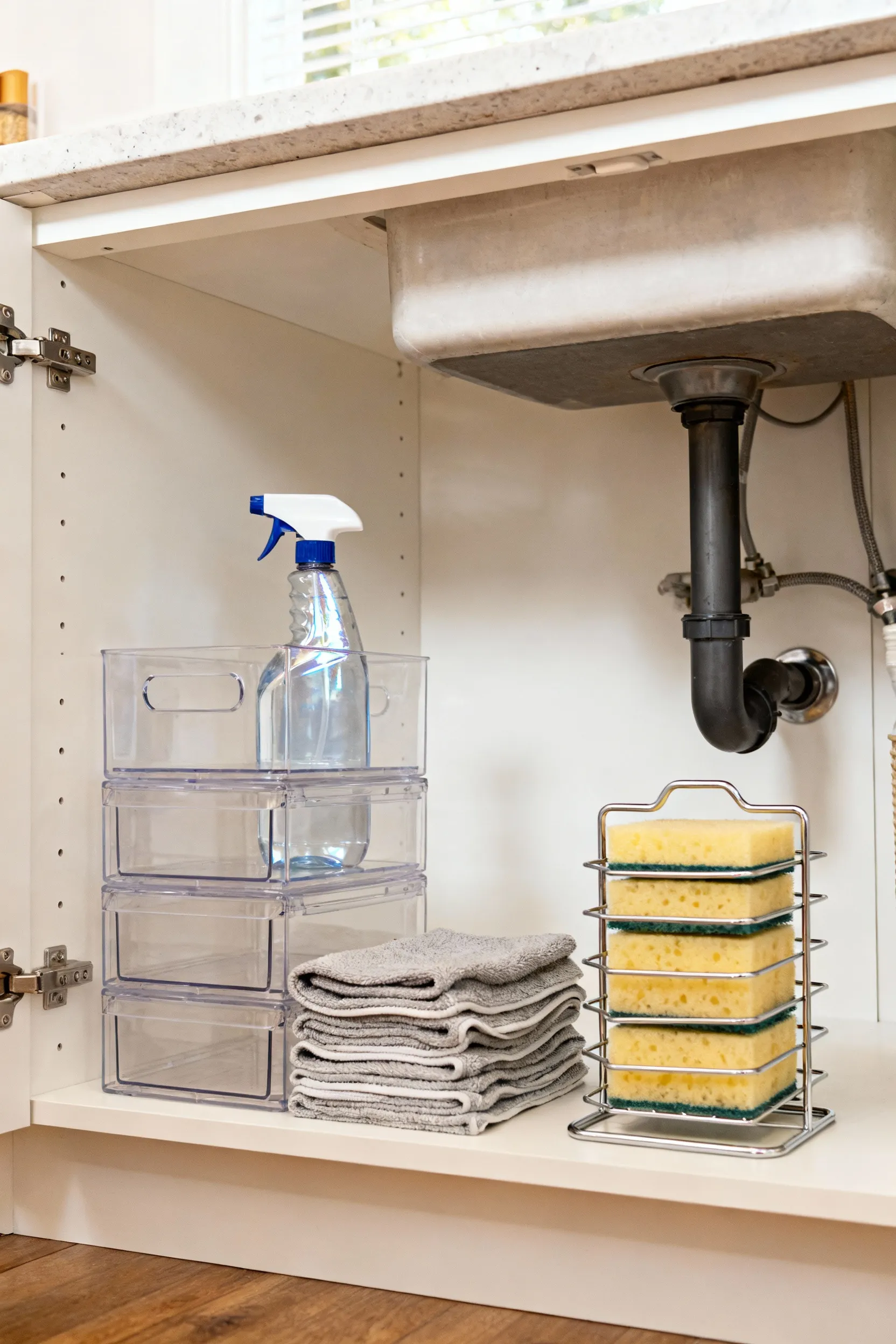 Impeccably organized under-sink kitchen cabinet with clear bins for cleaning supplies, representing the 'One-In-One-Out' policy for decluttering and maintaining order.