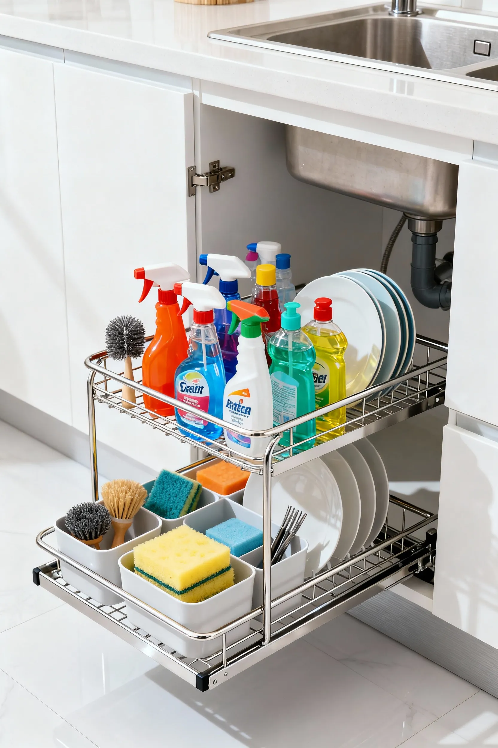 A fully extended two-tier under-sink pull-out caddy filled with neatly organized cleaning supplies in a bright kitchen cabinet, showcasing accessible storage.