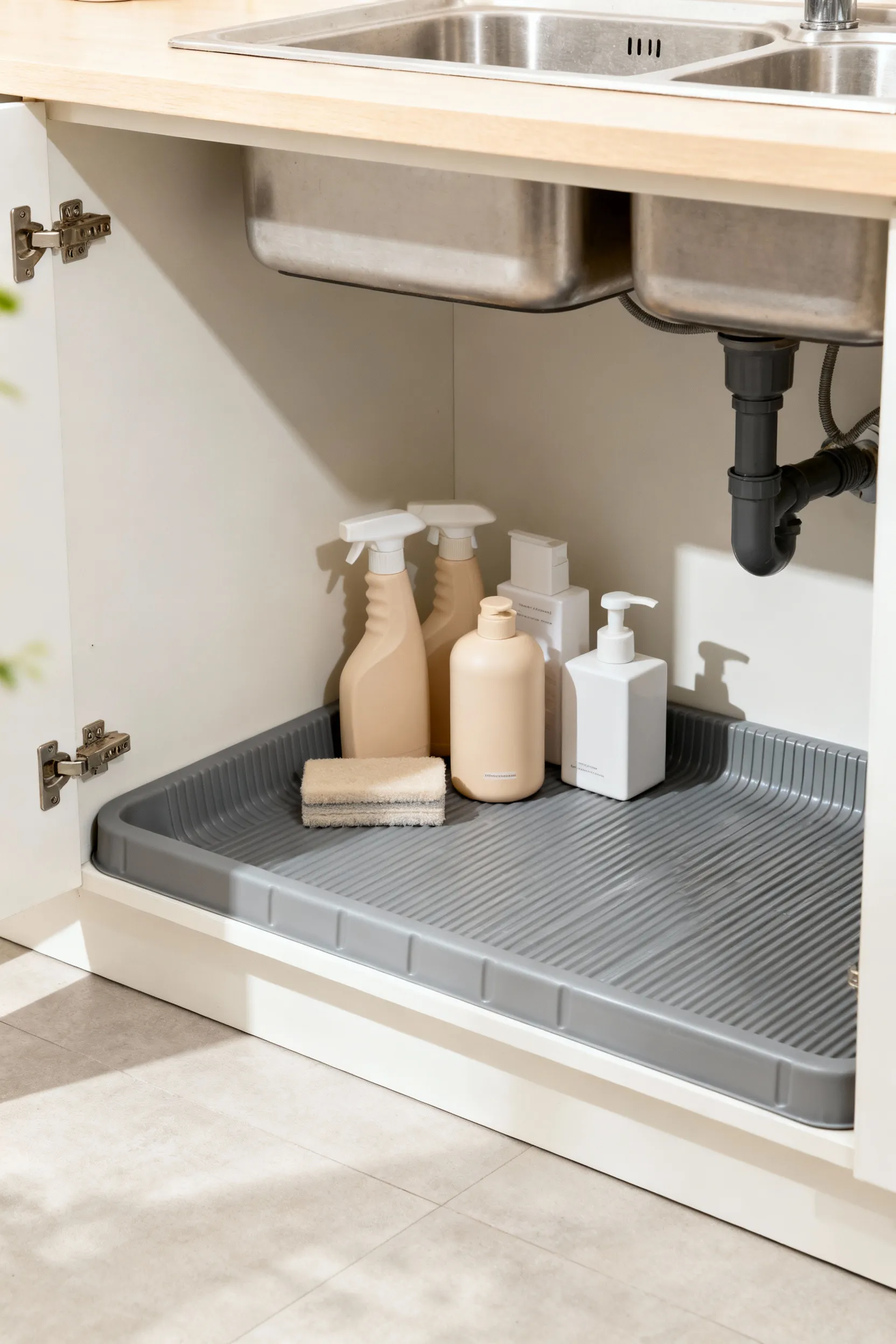 A clean, organized under-sink kitchen cabinet showing a fitted grey, ribbed, moisture-resistant base liner with cleaning supplies neatly arranged on top.