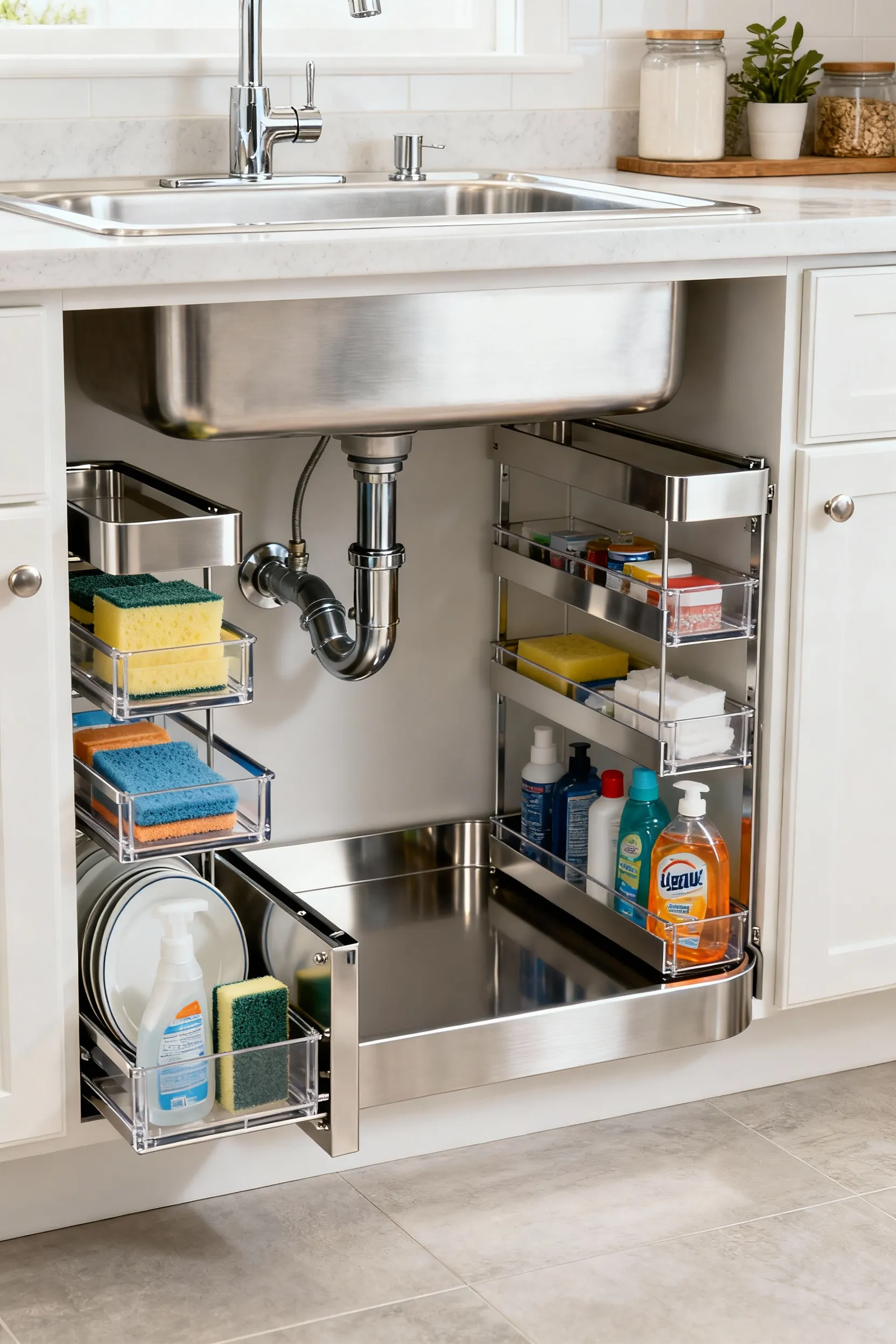 A modern kitchen under-sink cabinet featuring a custom-fitted, U-shaped modular pull-out drawer system made of polished stainless steel, meticulously organized with cleaning supplies, sponges, and dish soap in neat compartments, expertly installed around the sink's plumbing with soft interior lighting.