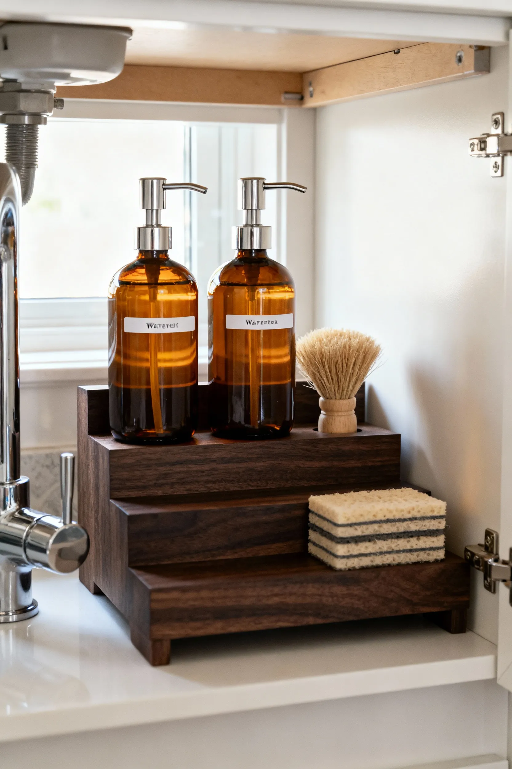 An immaculately organized under-sink cabinet featuring uniformly sized, amber glass cleaning solution dispensers with stainless steel pumps and clear labels, neatly arranged on a tiered shelf. The space looks visually cohesive and tidy.