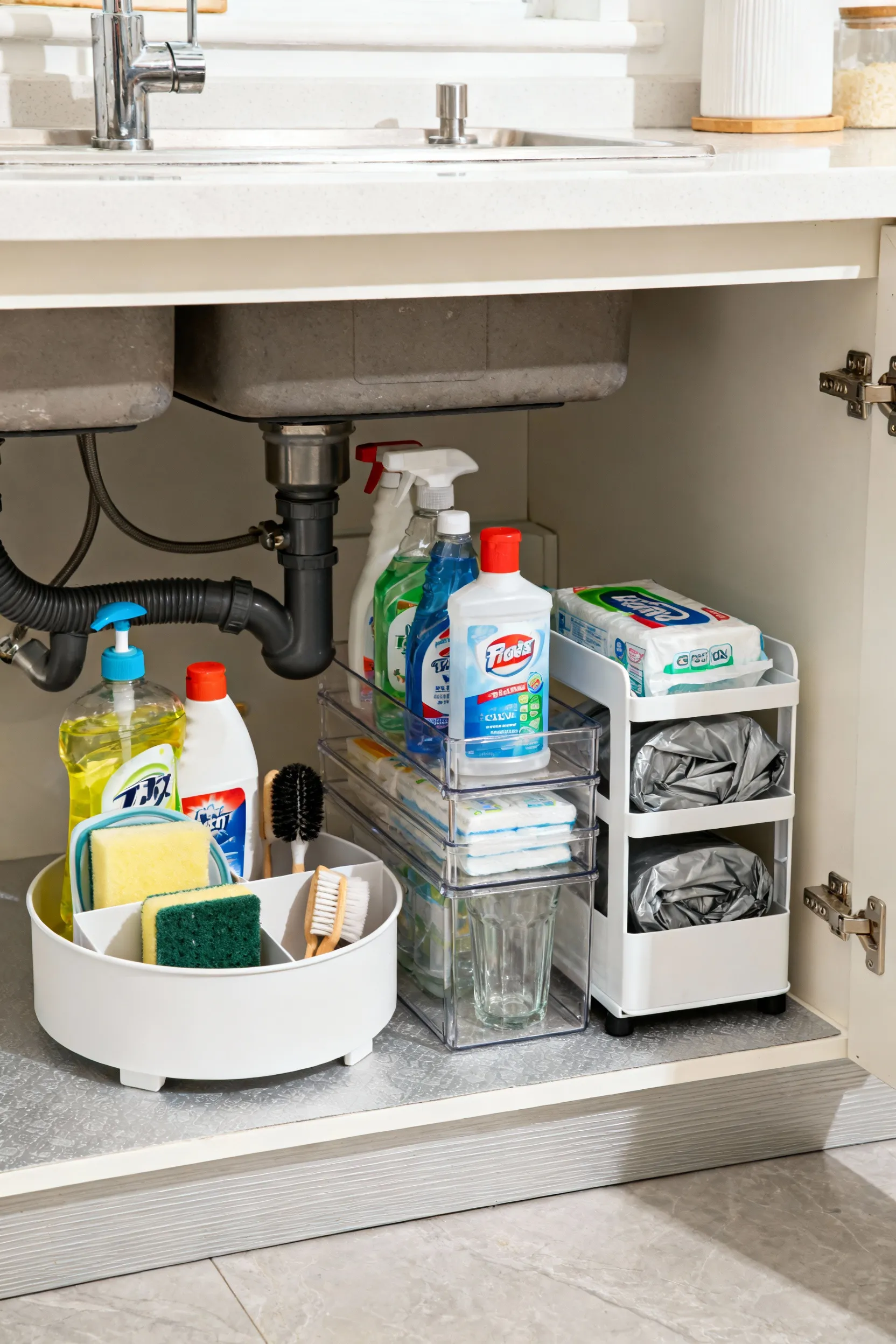 Under-sink kitchen cabinet organized with zonal grouping, showing U-shaped pull-out, clear bins, and cleaning essentials.