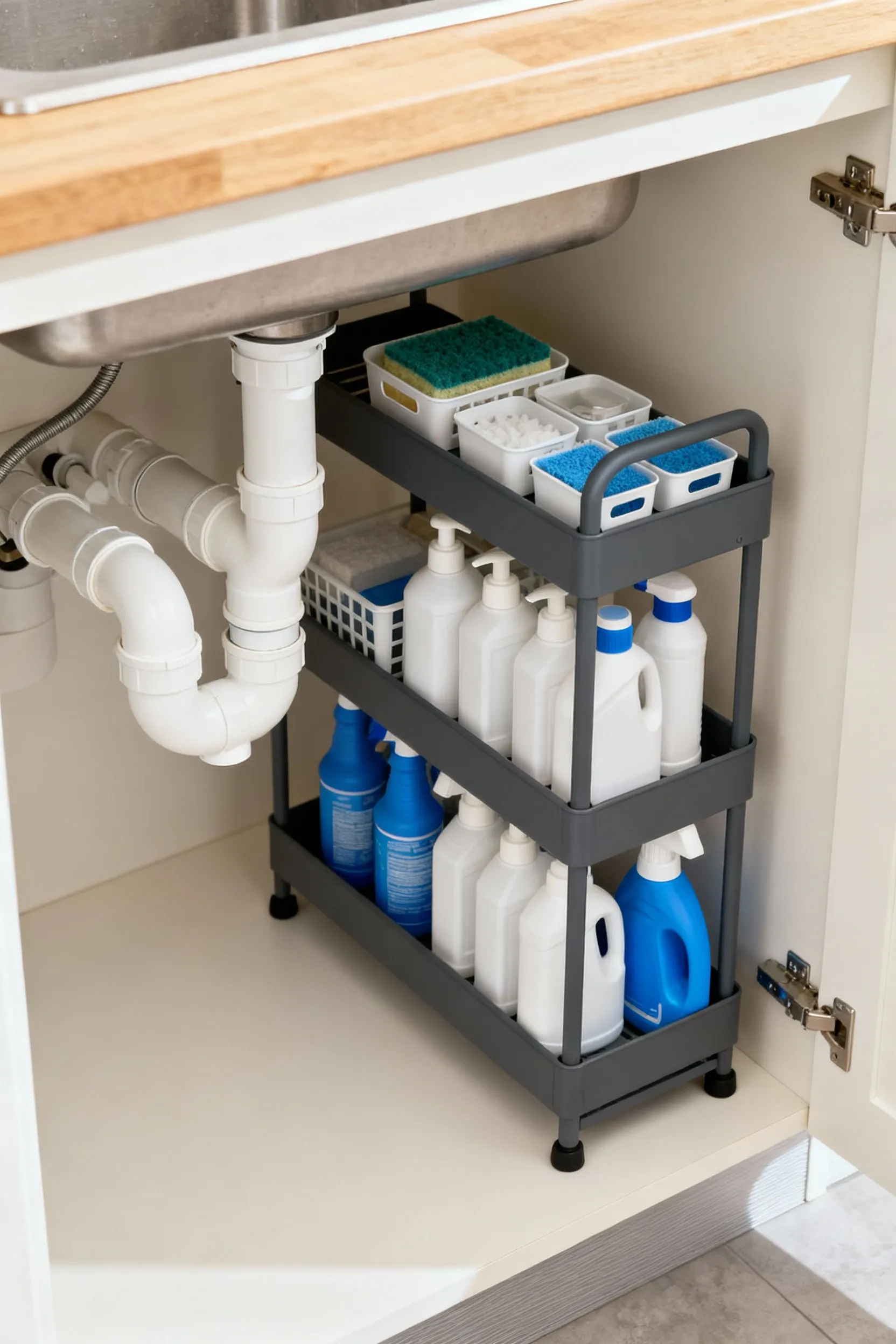 Close-up of a neatly organized under-sink cabinet featuring a tiered expandable shelving unit, maximizing vertical storage around plumbing pipes for various cleaning supplies.