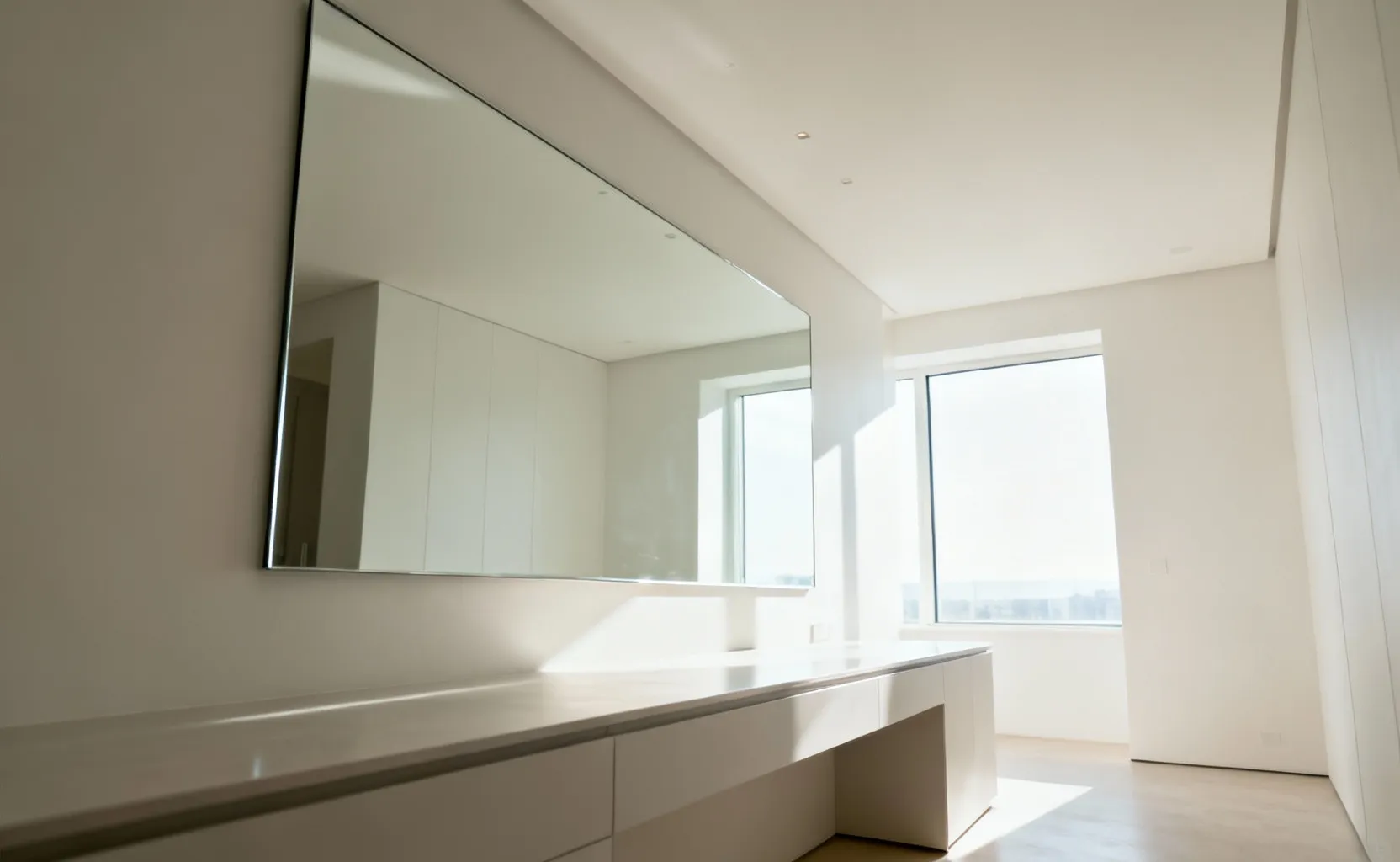 Modern bathroom with a large frameless mirror reflecting natural light, visually expanding the spacious and bright interior.