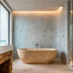 Elegant beach bathroom with sand-toned honed limestone, sea-blue accents, and sky-gray Venetian plaster, showcasing a sophisticated coastal color palette and textured materials.