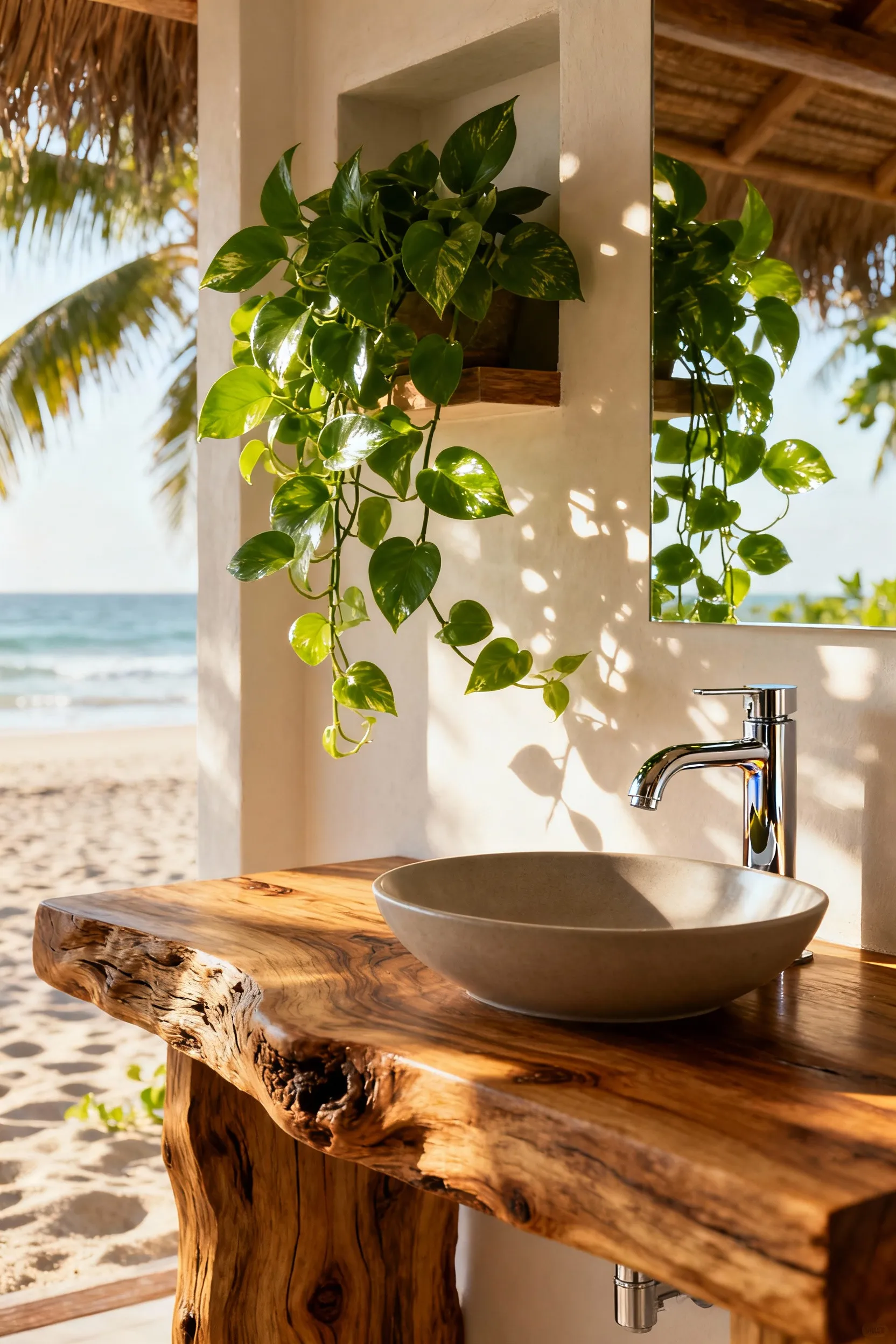 A tranquil beach bathroom featuring a live-edge teak vanity with vibrant green Pothos cascading from a built-in shelf. Soft, dappled lighting highlights the organic textures of wood and plants, creating a biophilic design aesthetic.