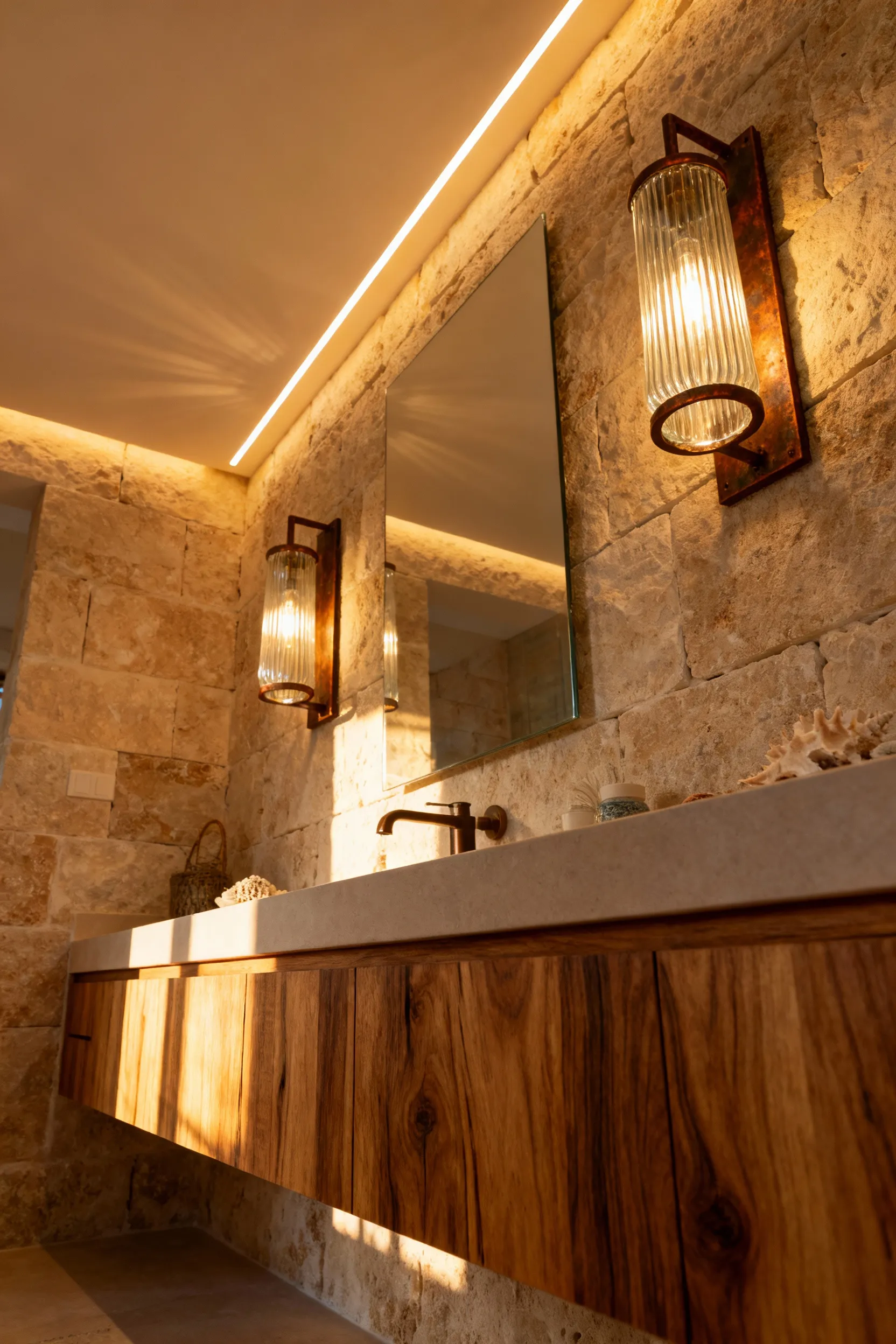 Luxurious beach bathroom interior featuring warm, diffused cove lighting and elegant bespoke sconces, highlighting honed limestone walls and natural textures, creating a serene and shadow-free ambiance.