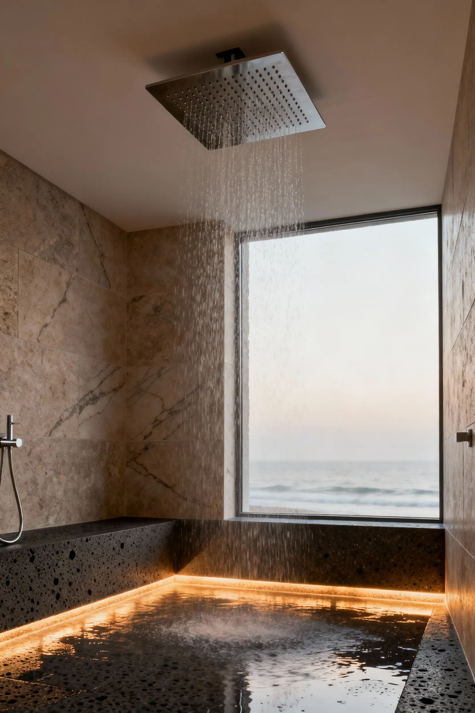 Luxurious beach bathroom shower with warm, radiant heated honed basalt stone flooring and a modern, integrated rainhead deluge, designed for ultimate comfort.