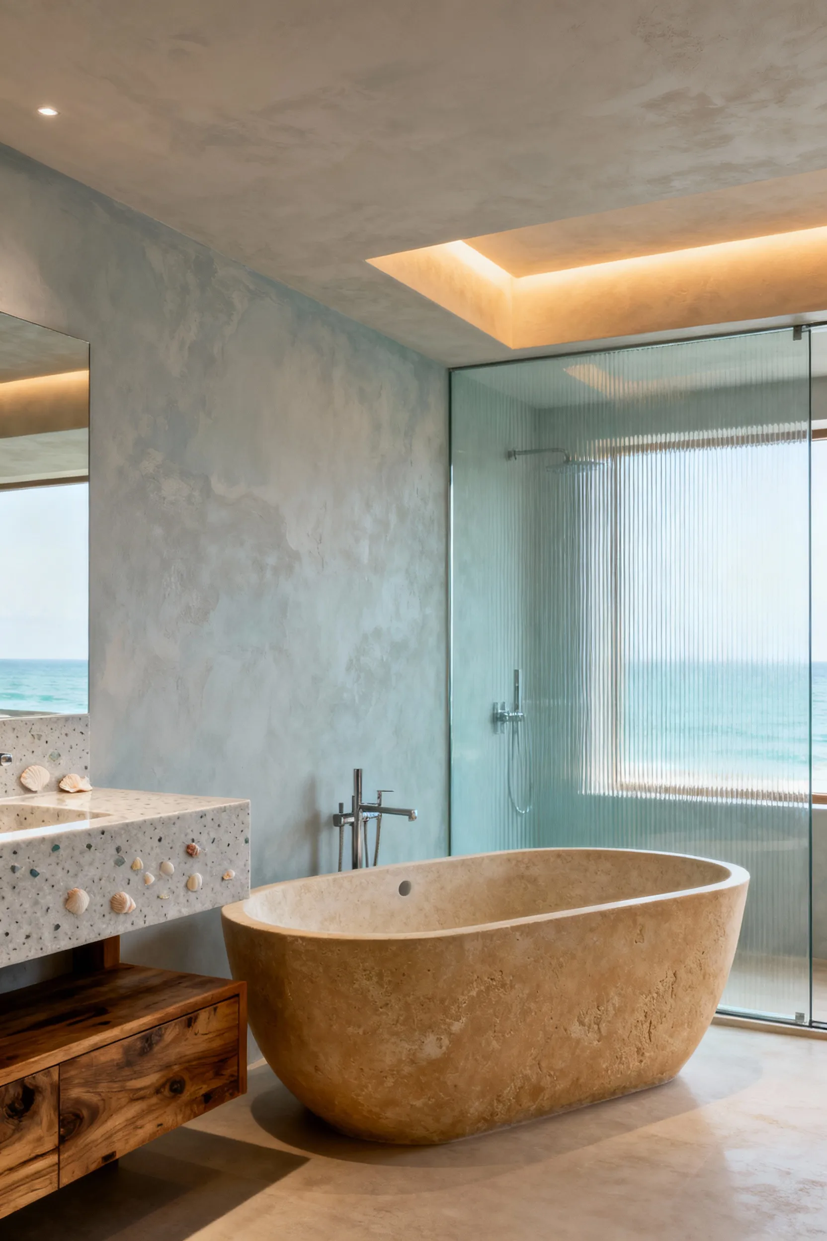 Elegant beach bathroom with sand-toned honed limestone, sea-blue accents, and sky-gray Venetian plaster, showcasing a sophisticated coastal color palette and textured materials.