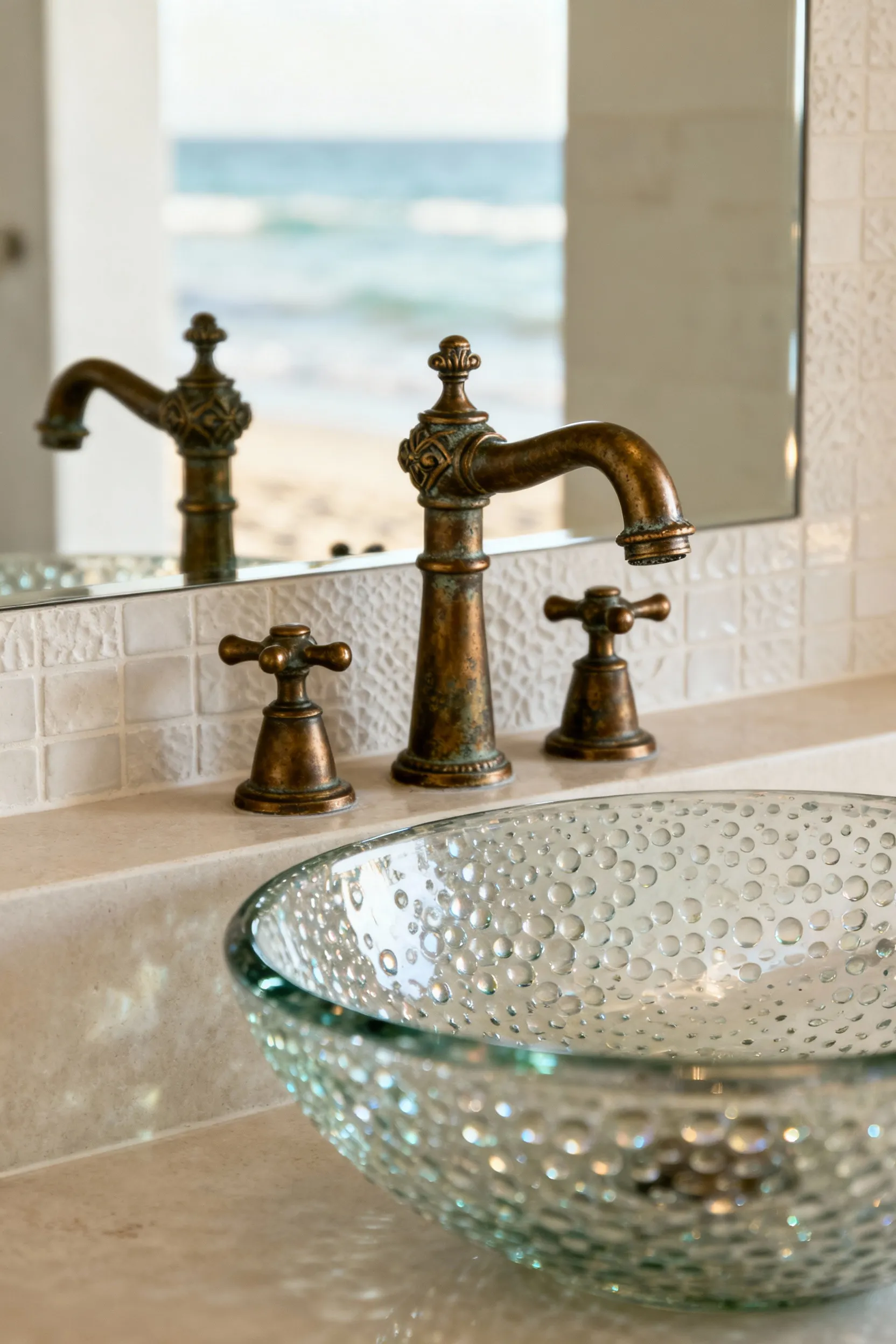 Artisanal bathroom fixtures in a coastal setting, featuring a tarnished bronze faucet and a blown glass vessel sink, embodying sculptural forms.
