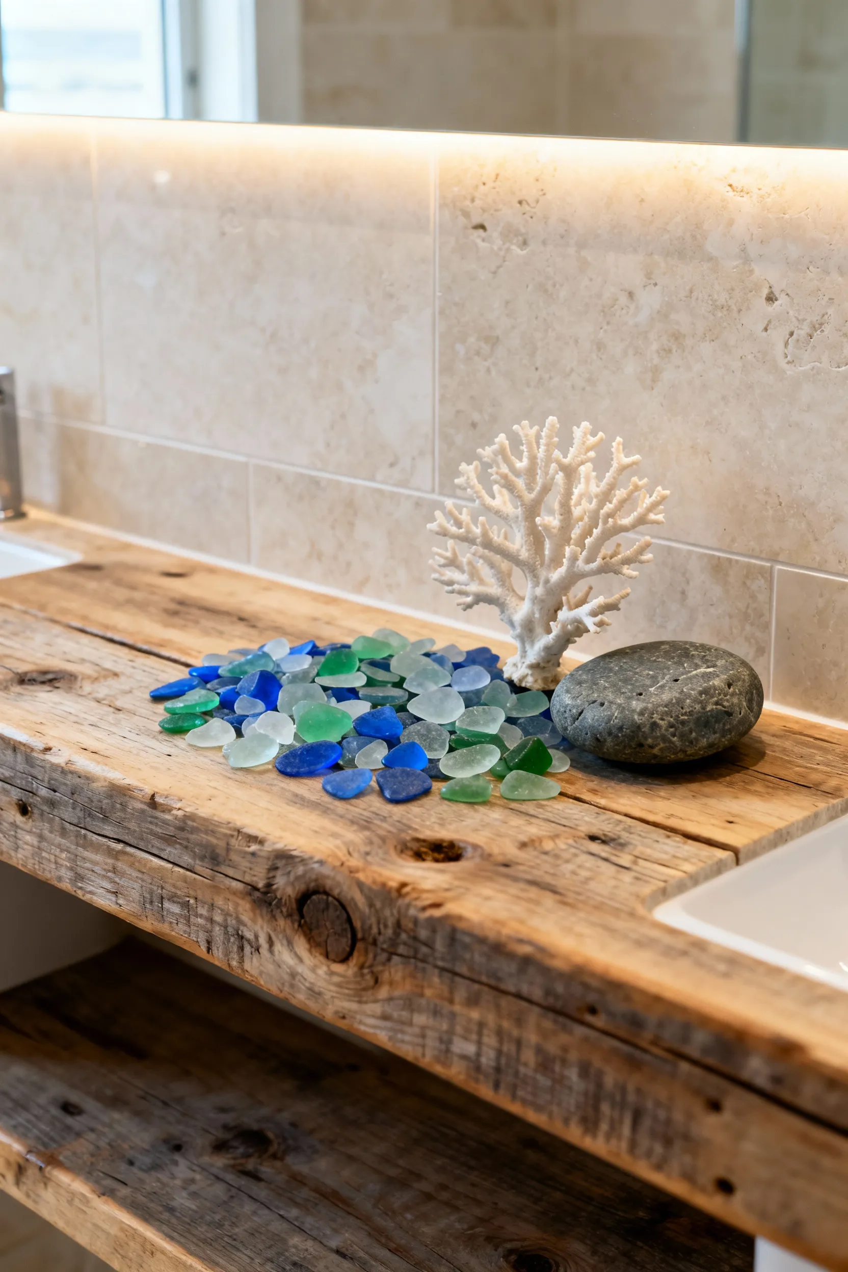 Close-up of a beach bathroom ephemeral vignette with sea glass, smooth stone, and bleached coral on a rustic vanity, bathed in soft natural light.