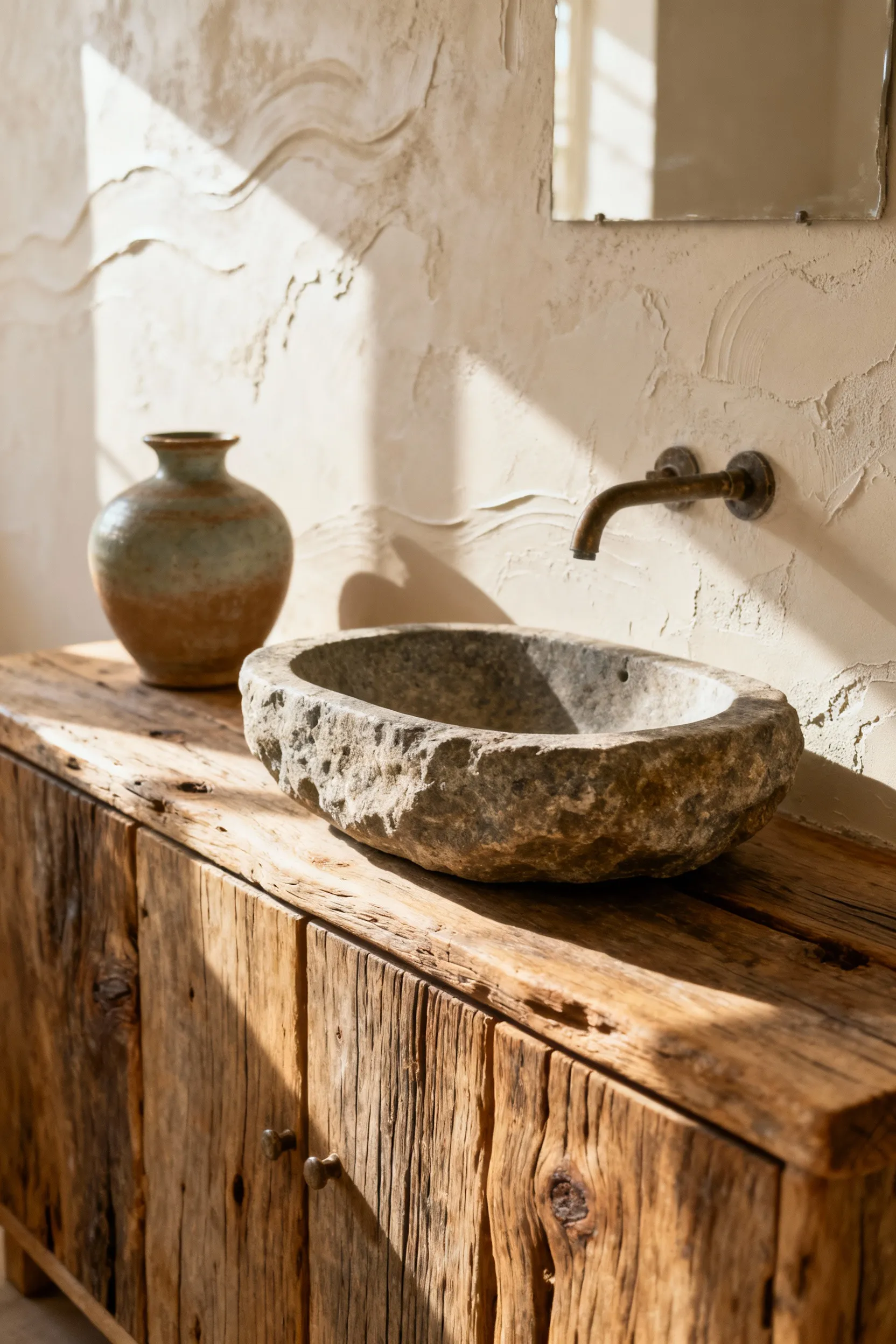 Wabi-Sabi inspired beach bathroom vanity with a weathered river stone basin and salvaged wood, showcasing natural aged patinas.