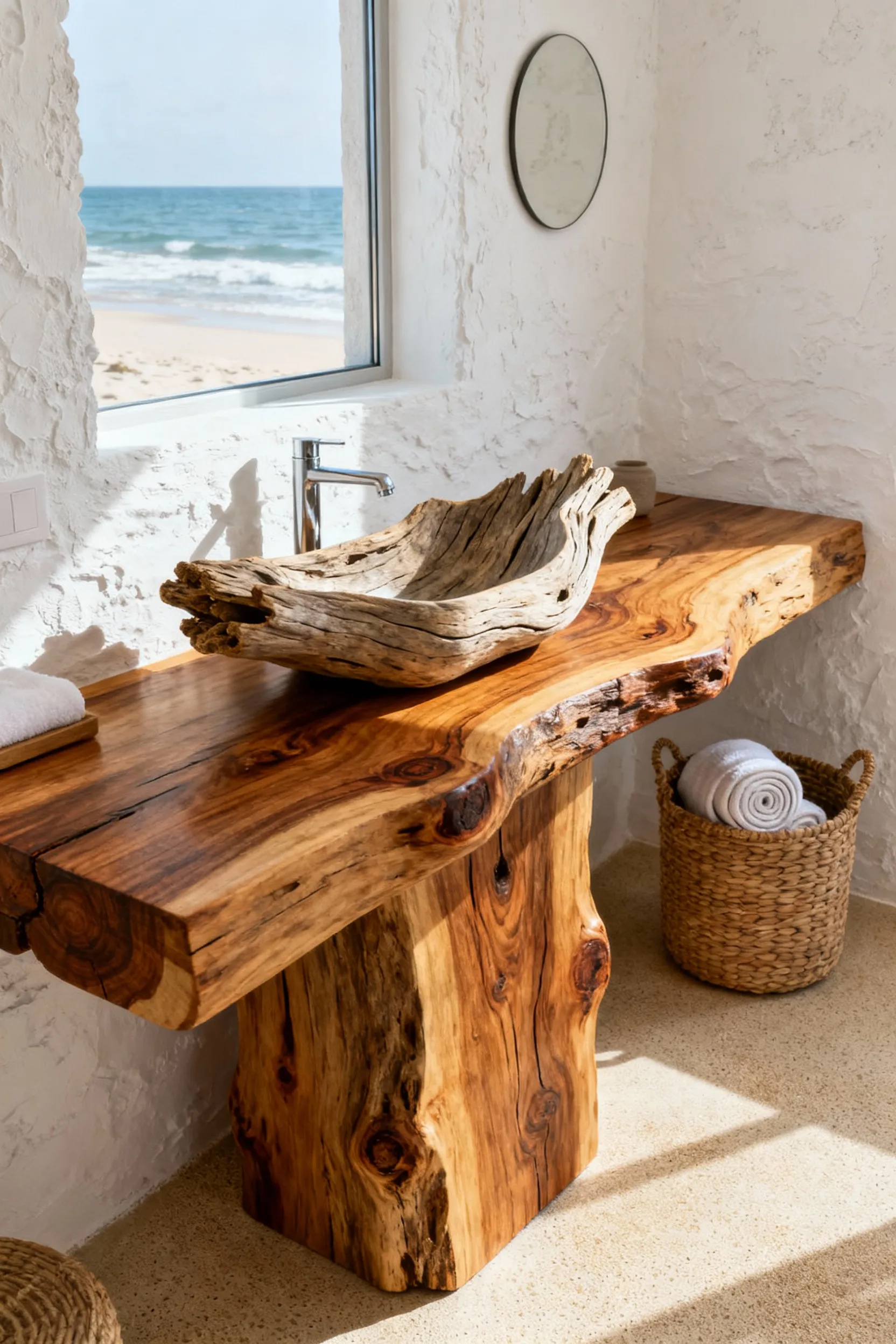 A stunning vanity made from reclaimed teak with a weathered driftwood basin in a sunlit beach bathroom, featuring organic forms and natural textures.