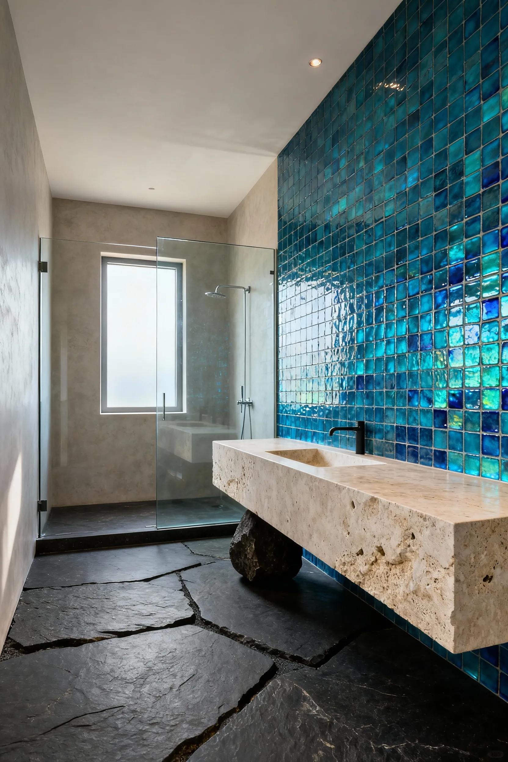 A luxurious beach bathroom featuring dark honed basalt floor tiles, a light brushed travertine vanity, and shimmering iridescent blue zellige wall tiles, showcasing hydrophobic textures for durability and aesthetic depth.