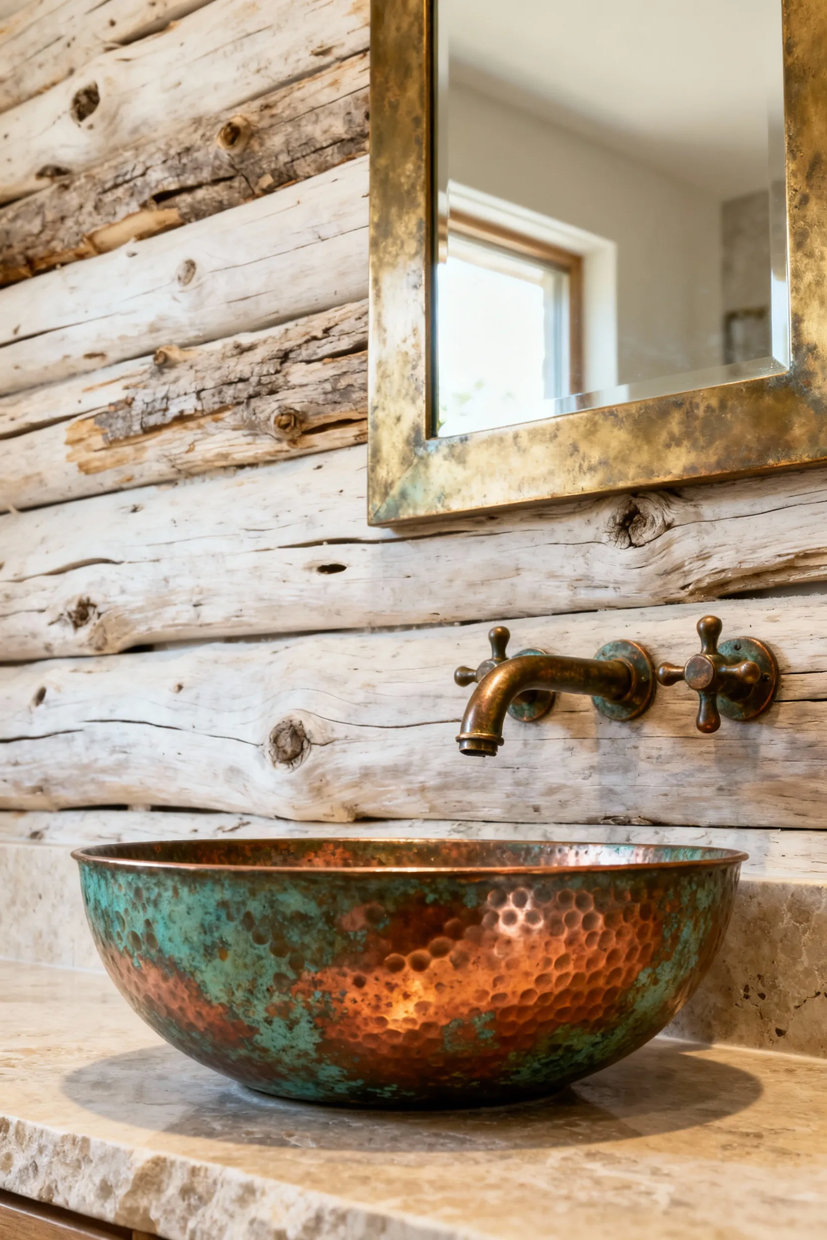 Close-up of a hand-hammered verdigris patinated copper vessel sink and aged bronze faucet on a honed limestone counter in a serene beach bathroom, surrounded by bleached wood. Evokes a sense of oxidized allure and coastal elegance.