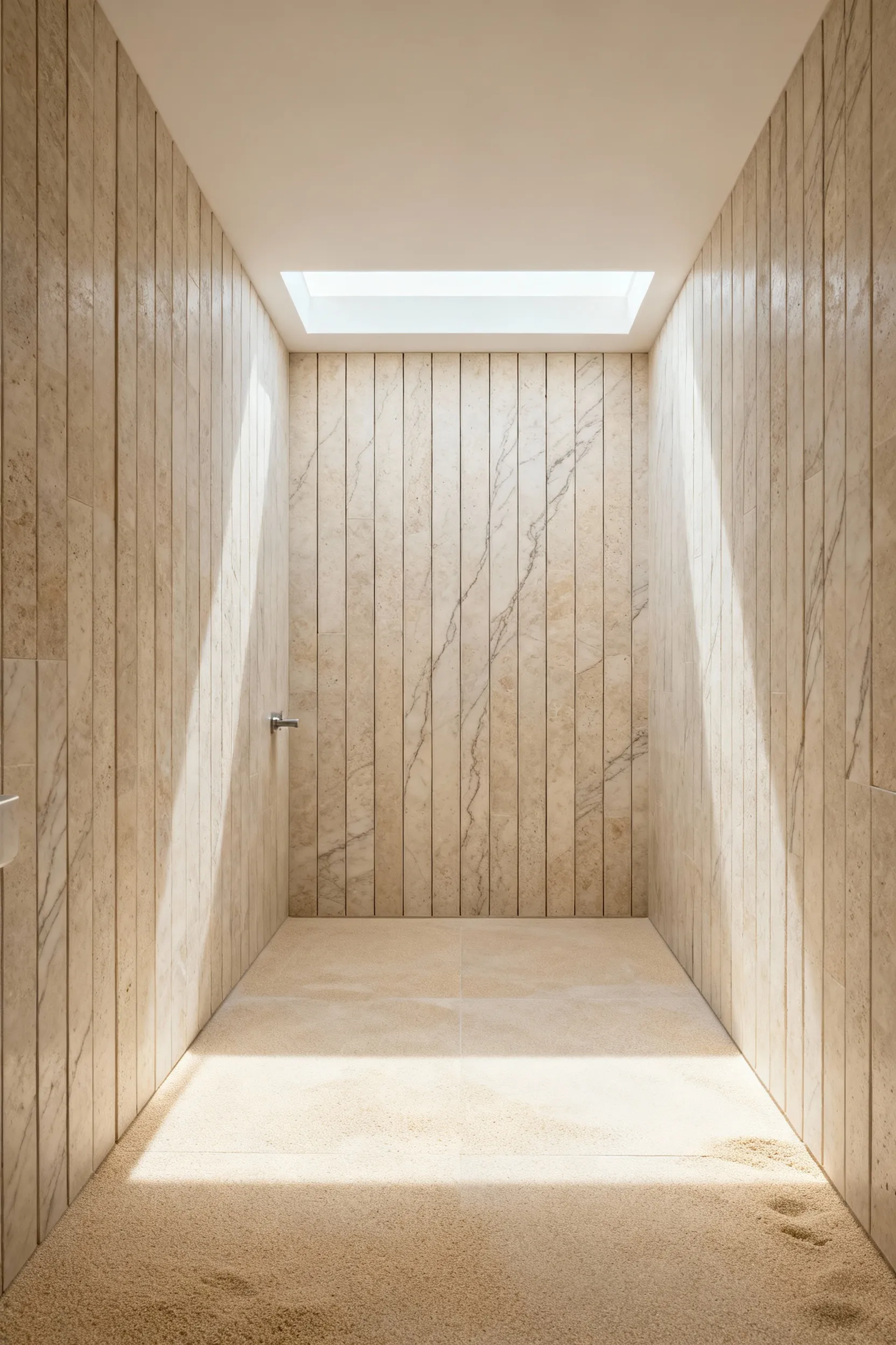 Bathroom featuring diverse coastal materials: a tactile wall of honed stone contrasted with light, sand-finish micro-topping flooring, bathed in natural light.