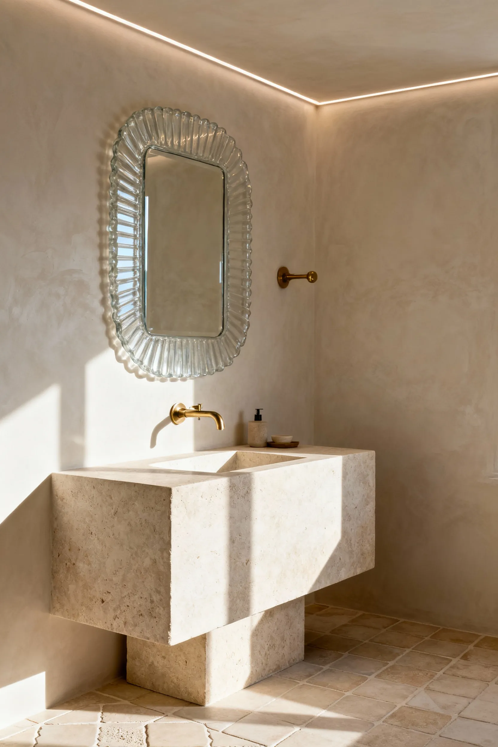 A serene minimalist beach bathroom featuring a honed limestone vanity, fluted glass mirror, brushed brass fixtures, and soft indirect lighting, showcasing elegant material interplay for 'unburdened lux'.