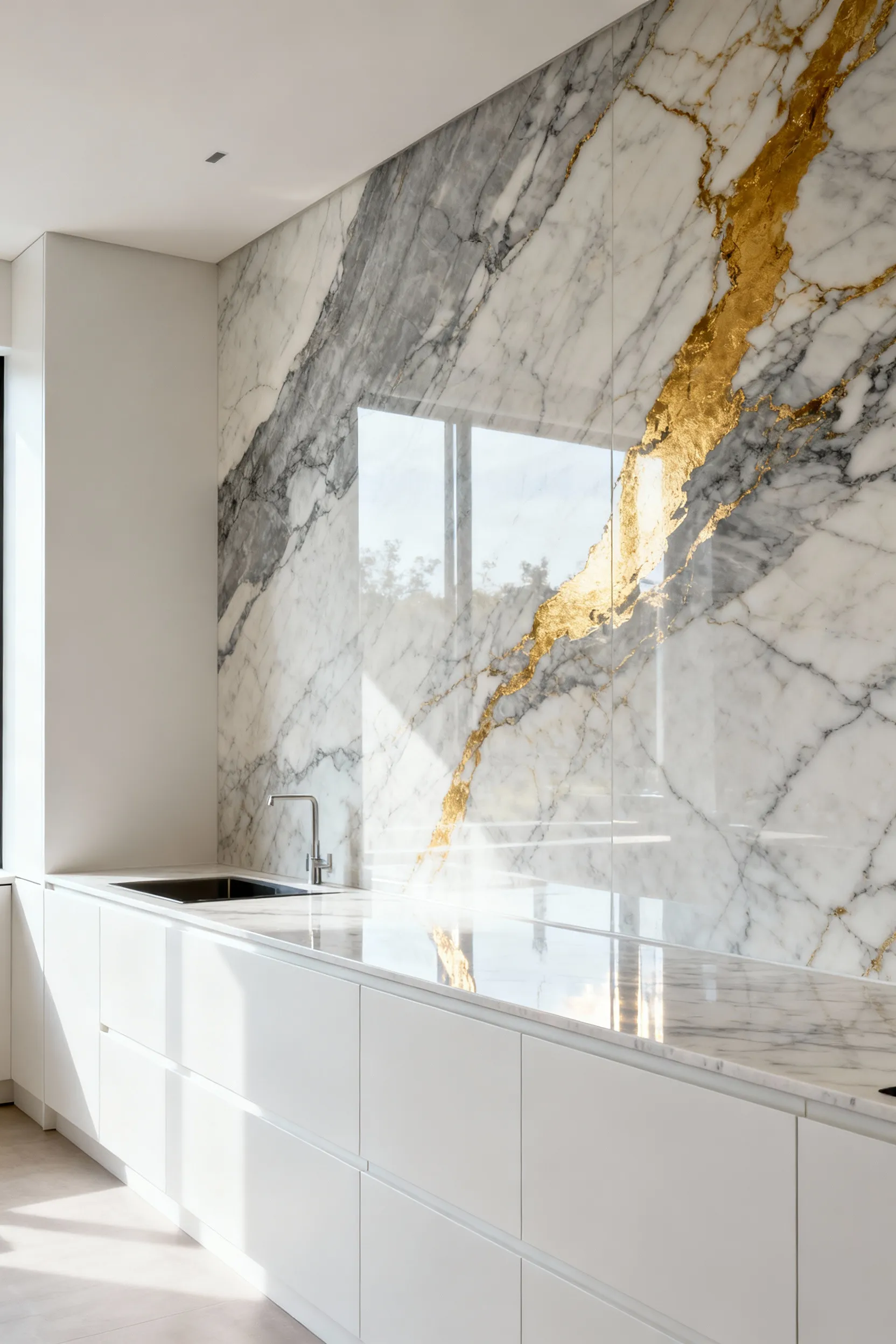Modern kitchen with white matte cabinets and a full-height Calacatta Gold large-format marble slab backsplash featuring grey and gold veining.