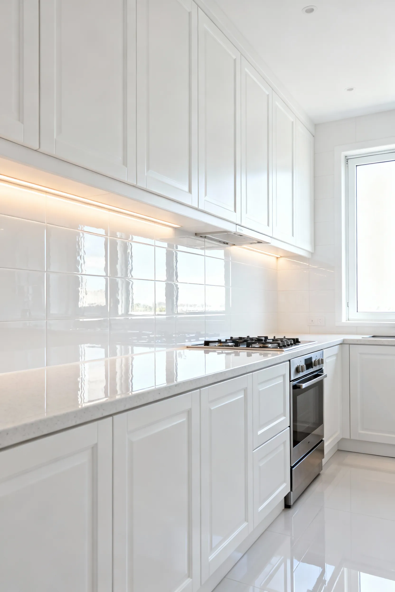 White kitchen with polished glass tile backsplash reflecting natural light, creating a brighter and more spacious appearance.