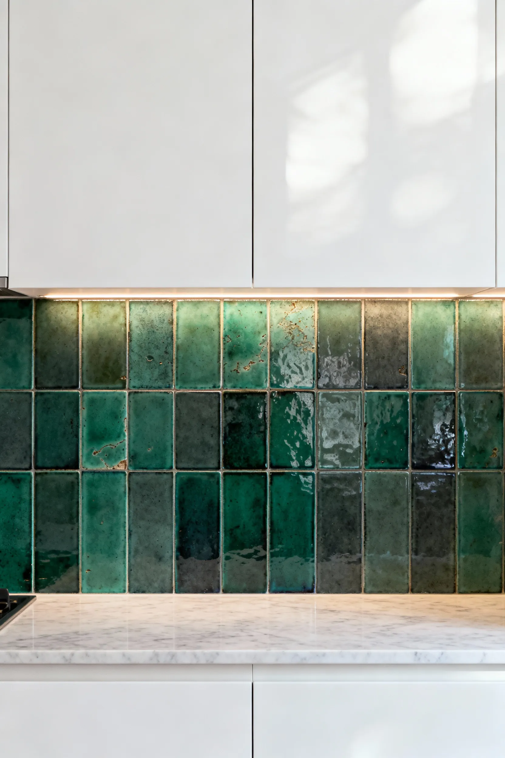 White kitchen with bespoke hand-glazed emerald green backsplash tiles reflecting natural light, showcasing artisanal character and unique textures. Elevates modern design.