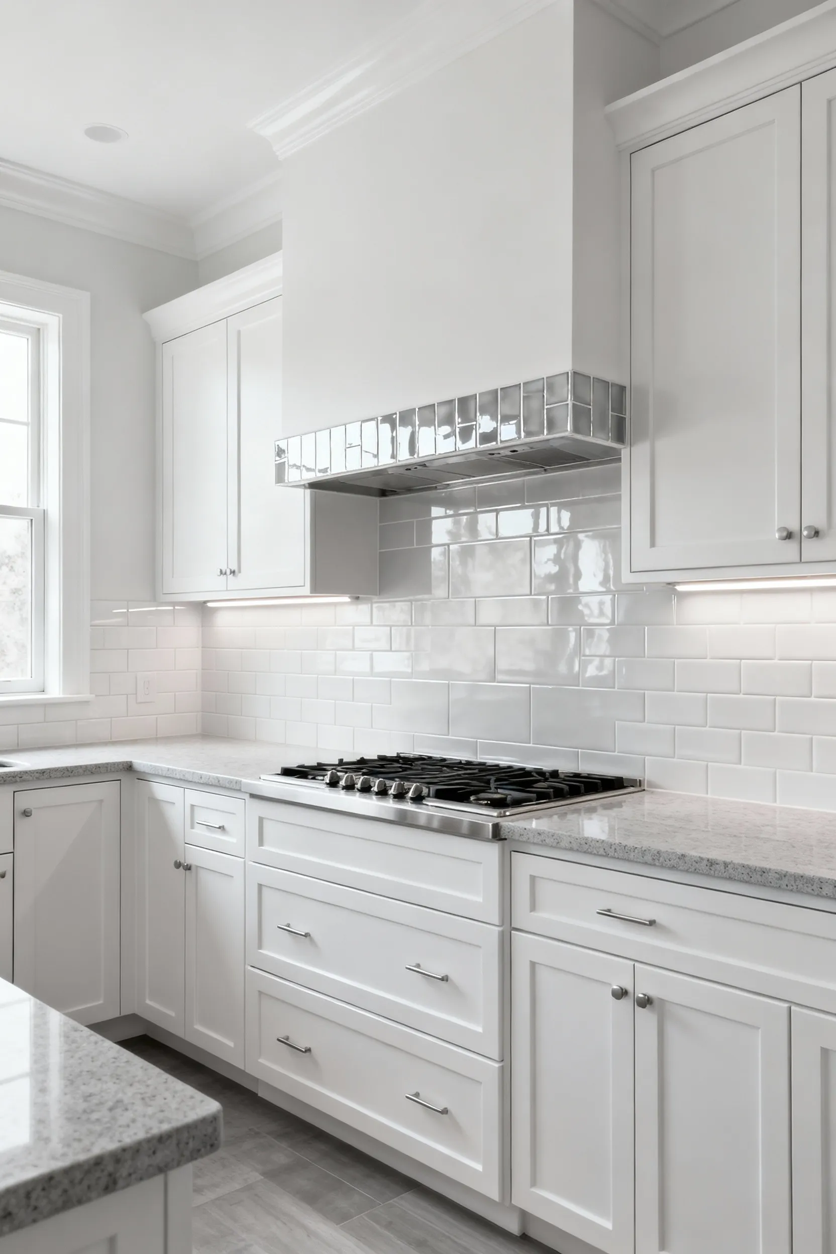 Elegant white kitchen with monochromatic backsplash featuring matte, satin, and glossy white tiles to create sophisticated visual depth.